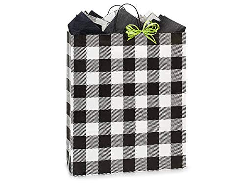 Buffalo Plaid Black Paper Shopping Bags - Queen Size - 200 Count Bulk Pack - Perfect for Retail Stores, Boutique Gift Wrapping & Holiday Shopping Bags