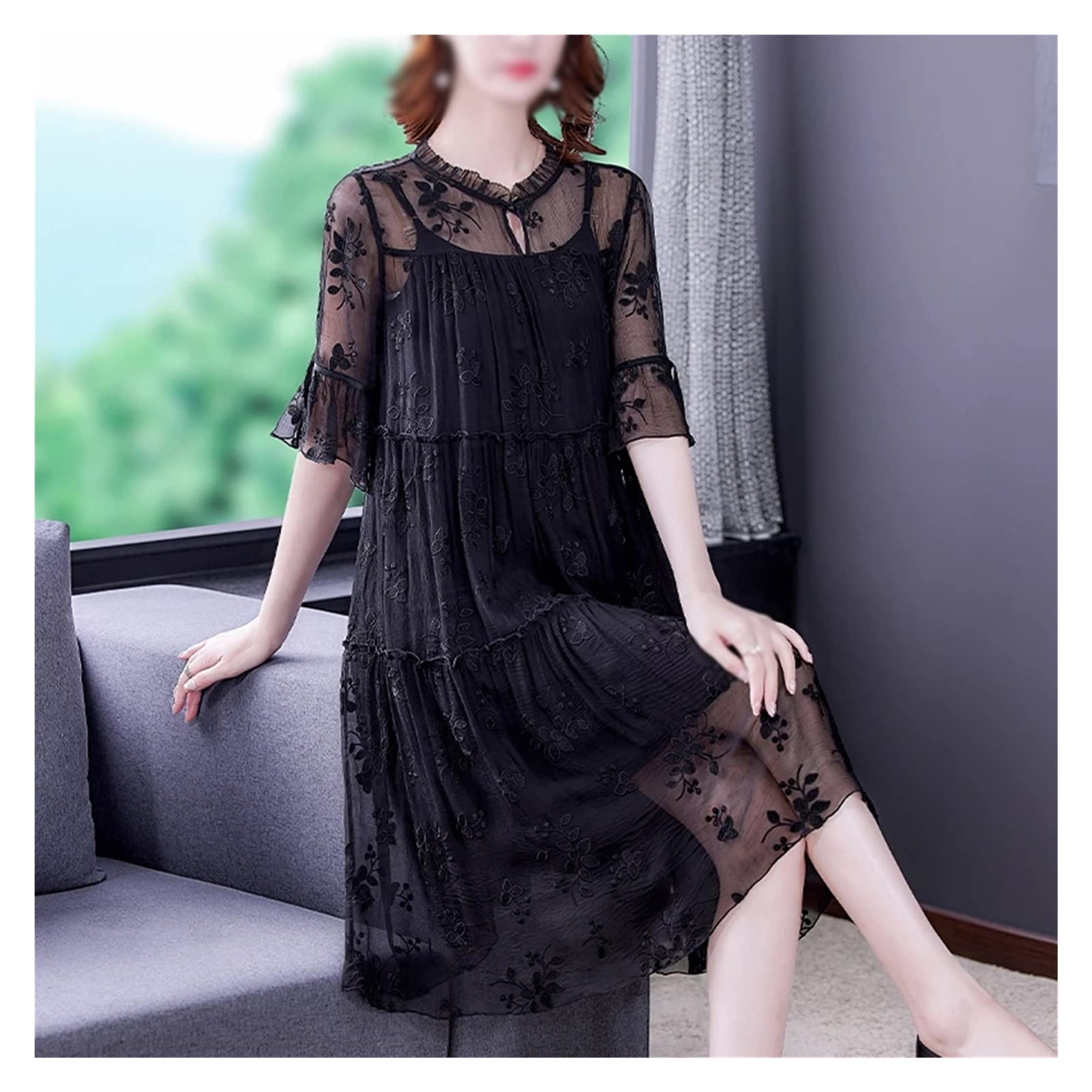 Elegant Women's Summer Embroidery Dress - Floral Lace Wedding Party Robe Maxi Dress (XXXXL) for Beach Vacation, Garden Party & Special Occasions