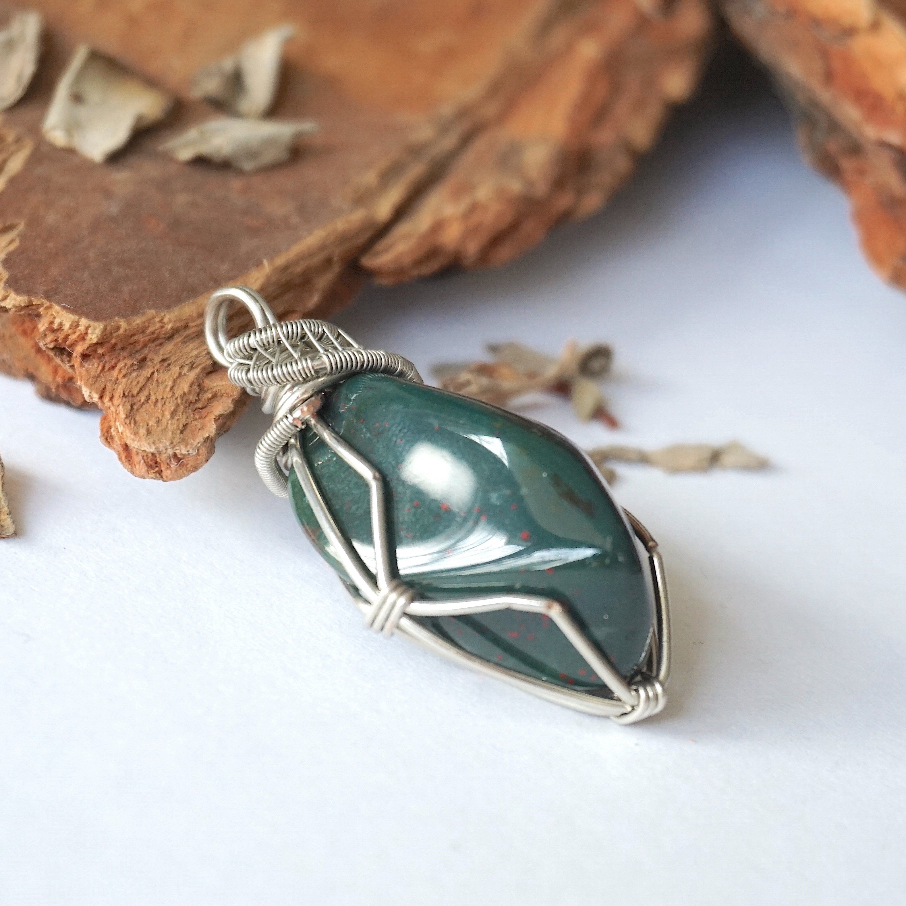 Natural Bloodstone Necklace with White Gold Plated Brass Pendant - Healing Crystal Jewelry for Women, Meditation & Energy Balancing