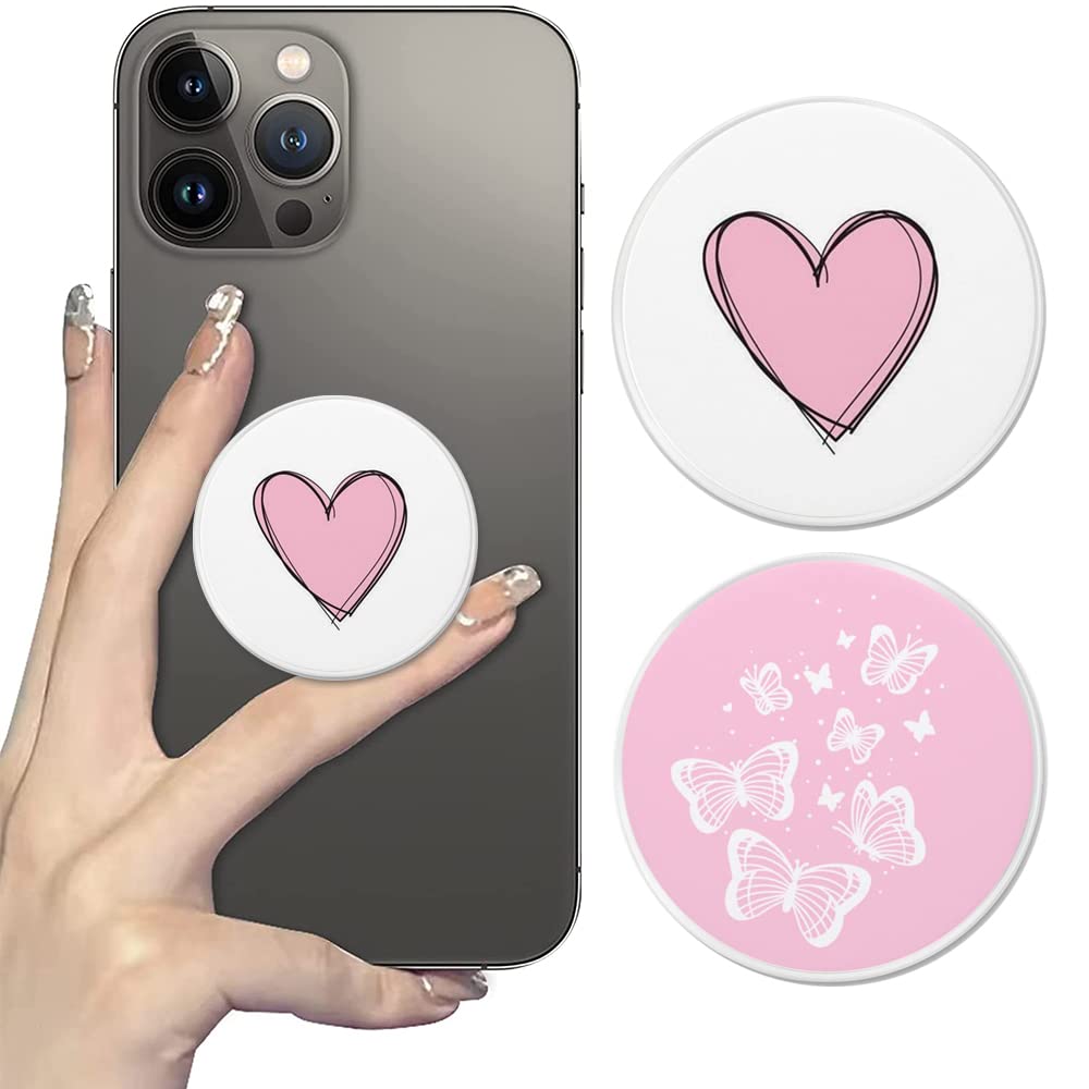 Universal Collapsible Cellphone Stand and Phone Grip - Heart Butterfly Design in Pink & White (2 Pack) for Desk, Car, and Travel Use