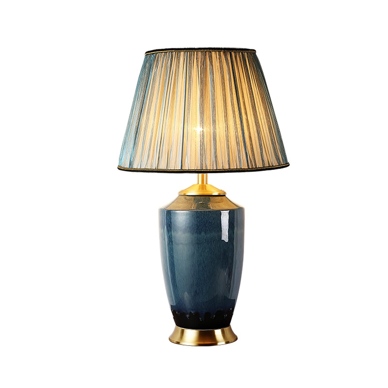 Modern Ceramic Table Lamp with Fabric Shade & Copper Base - Blue Nightstand Lamp for Bedroom, Home Office, Cafe, Restaurant - Stylish & Functional Lighting for Reading, Working & Relaxing