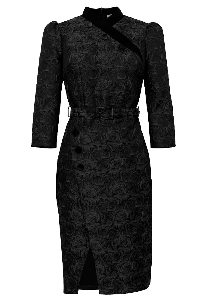 CHIC STAR Women's Embossed Jacquard Button-Down Dress - Elegant Floral Print A-Line Midi Dress for Office, Party & Special Occasions