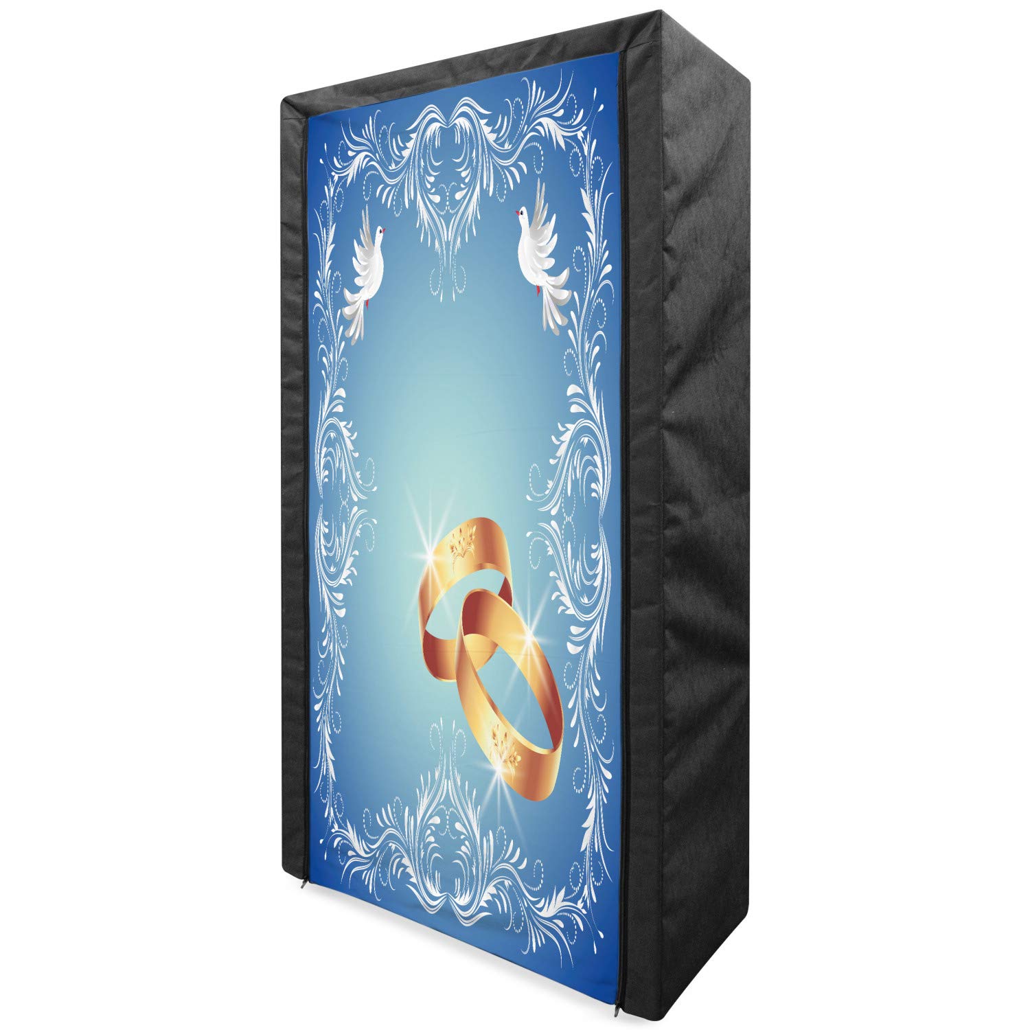 Ambesonne Wedding Portable Fabric Wardrobe Closet with Shelves | 33.5 Inch Clothing Organizer & Storage | Blue White Pale Caramel | Heart Shape Wedding Rings & Flying Doves Design | Perfect for Wedding Decor, Bridal Suite Organization & Guest Room Storage