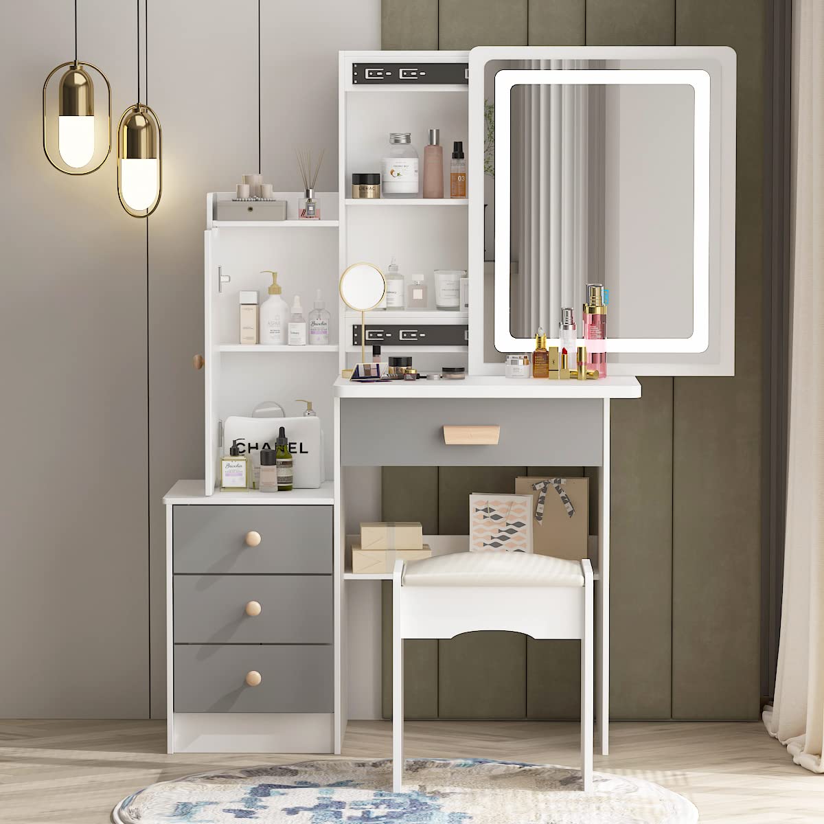 AIEGLE Large Vanity Desk Set with Lighted Mirror - Makeup Dressing Table with Hidden Storage Shelves & Cushioned Stool - White Vanity Set for Bedroom, Dressing Room & Beauty Salon - Perfect for Makeup, Skincare & Hair Styling