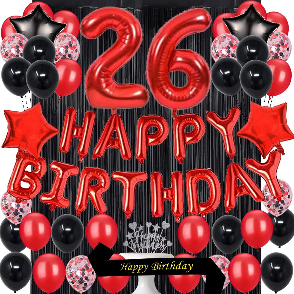 26th Birthday Party Decorations Kit - Red & Black Latex Balloons, Cake Topper, Sash, Foil Curtains & Star Balloons - Perfect for Milestone Birthday Celebrations & Photo Backdrops