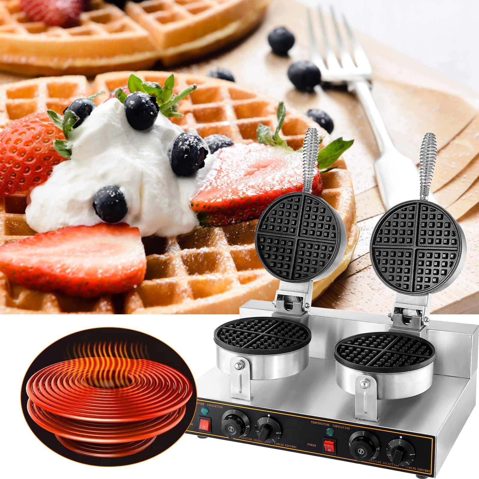 WICHEMI Commercial Electric Waffle Maker - Stainless Steel Double Head Egg Bubble Cone Machine with Non-Stick Surface, 110V 1250W - Perfect for Bakeries, Restaurants, Cafes, and Home Kitchens | Make Belgian Waffles, Bubble Waffles, and Ice Cream Cones
