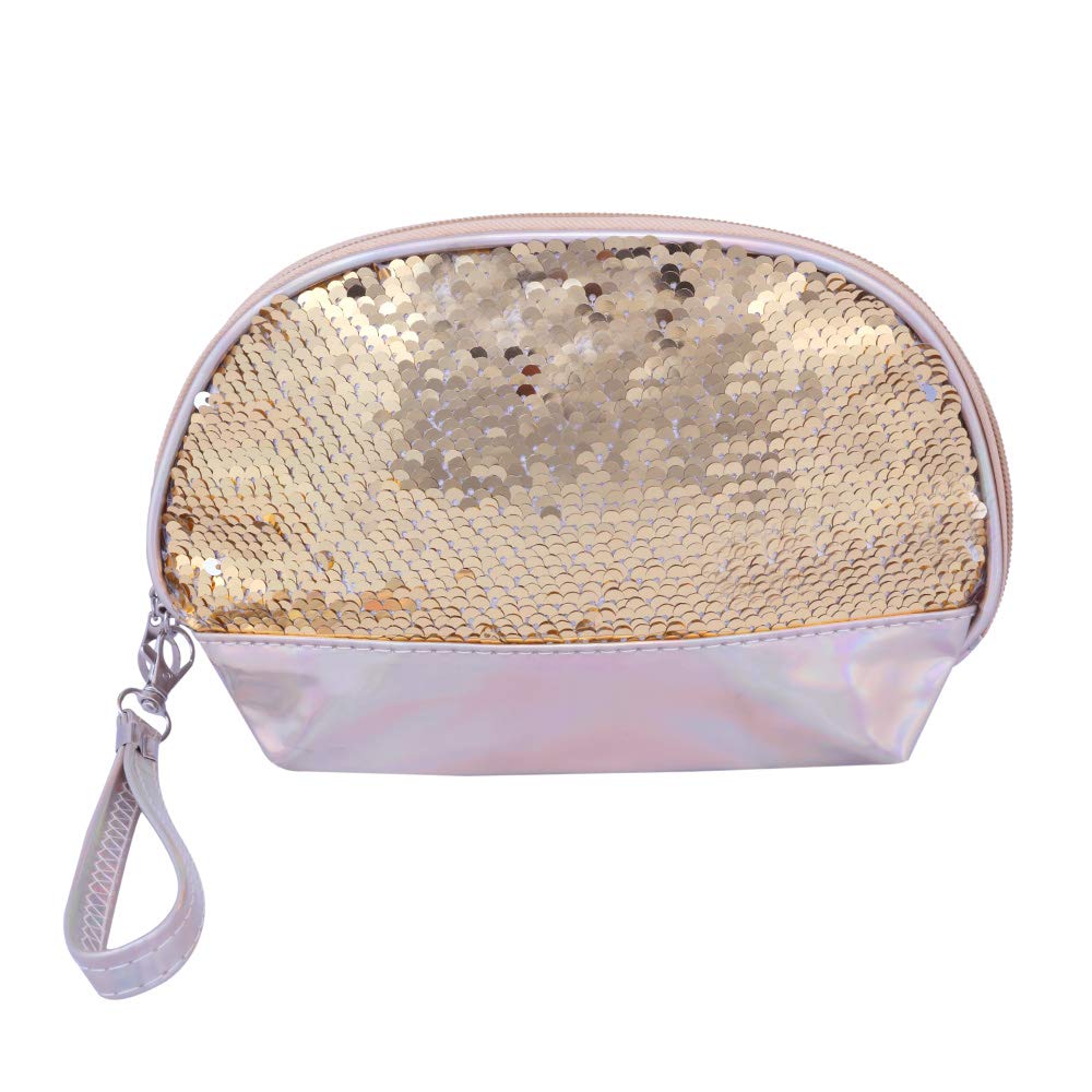 STRIPES® Shell Shaped Holographic Makeup Bag - Reversible Sequin Cosmetic Pouch with Detachable Strap for Women & Girls - Gold Travel Toiletry Organizer for Gym, Beach, Vacation & Daily Use