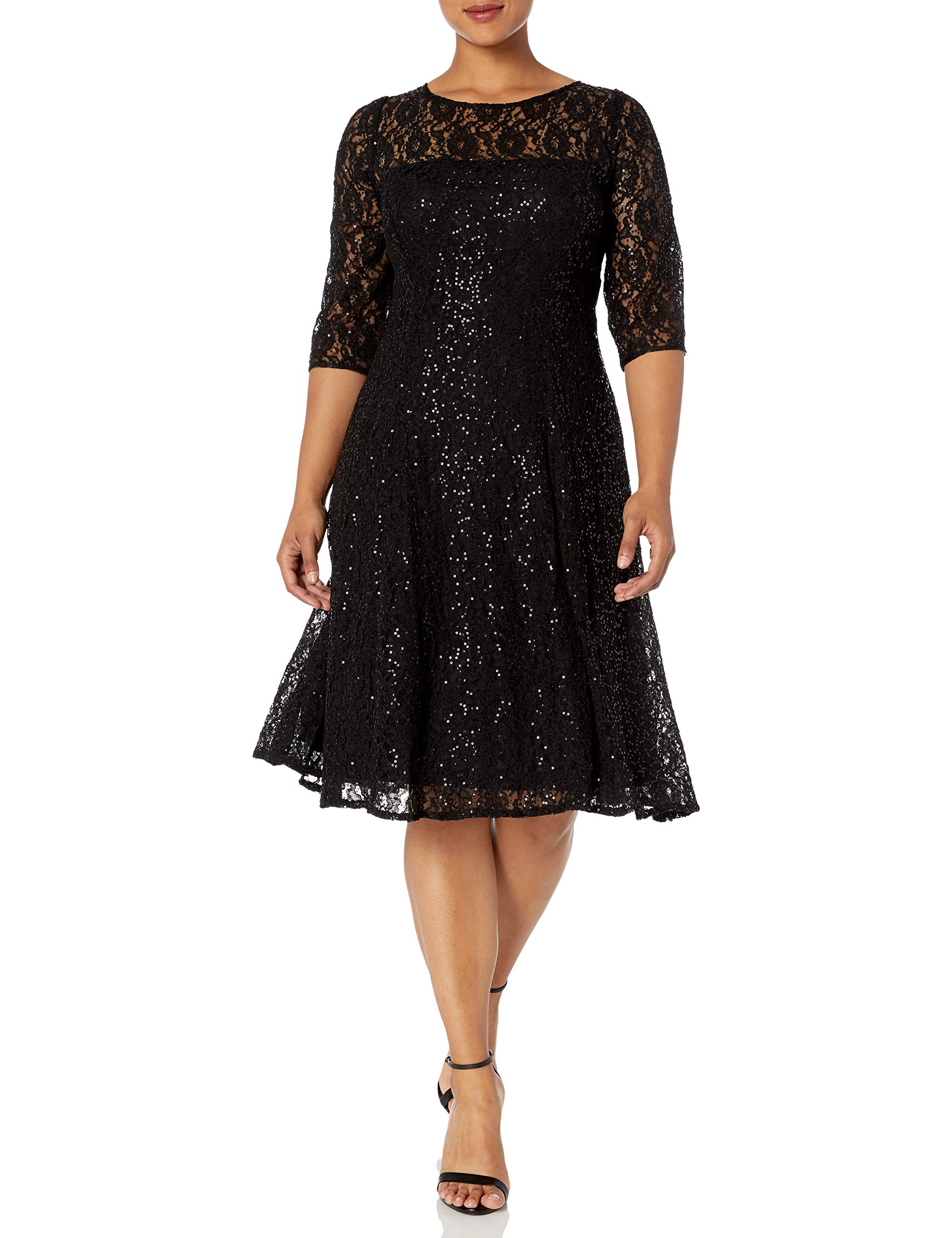 S.L. Fashions Women's Plus Size Lace and Sequin Fit and Flare Dress - Elegant Party & Evening Gown for Weddings, Prom, Cocktail Events
