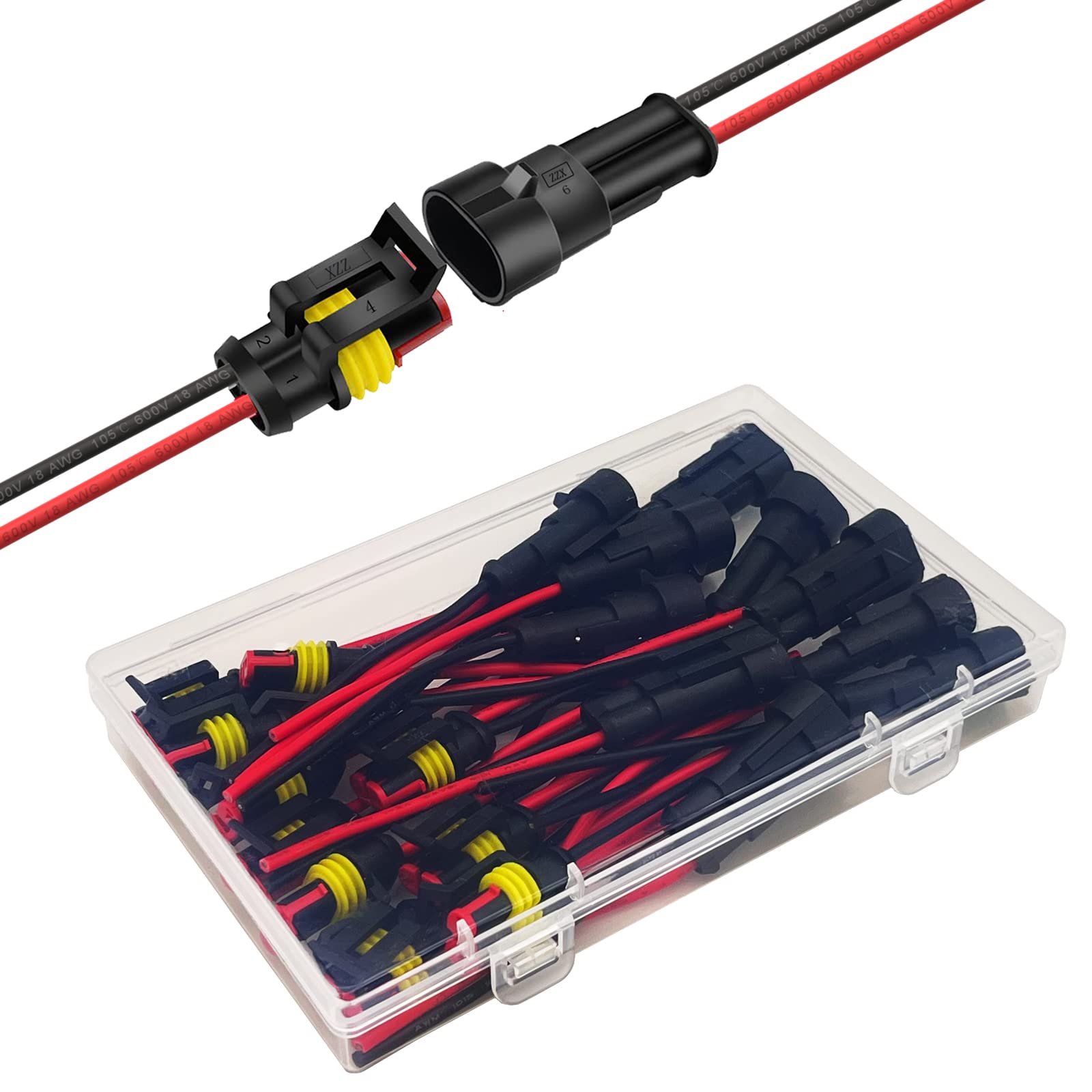 18 AWG 2 Pin Waterproof Automotive Electrical Connectors - Quick Disconnect 2 Wire Connector Kit with 18 Gauge Wire (10 Packs) - Perfect for Car Audio, LED Lights & Marine Wiring Applications