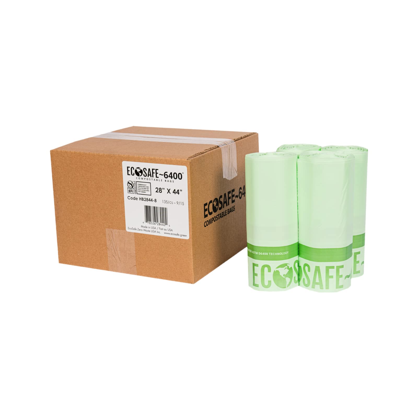 EcoSafe-6400 HB2844-8 Certified Compostable Bags - 28x44 Inch Extra Strong Leak Proof & Tear Resistant Trash Bags for 35 Gallon Bin - 135 Pack Green Food Scraps Liners for Kitchen, Yard Waste & Composting