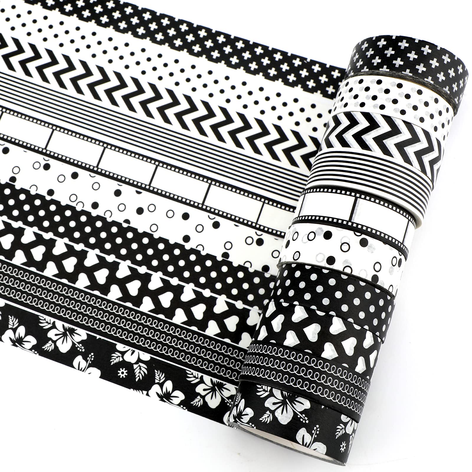 SAVITA 10 Rolls 15mm Black and White Washi Tape Set - Decorative Masking Tape for DIY Crafts, Scrapbooking, Bullet Journaling & Kids Art Projects - Perfect for Home, Office & School Decorations