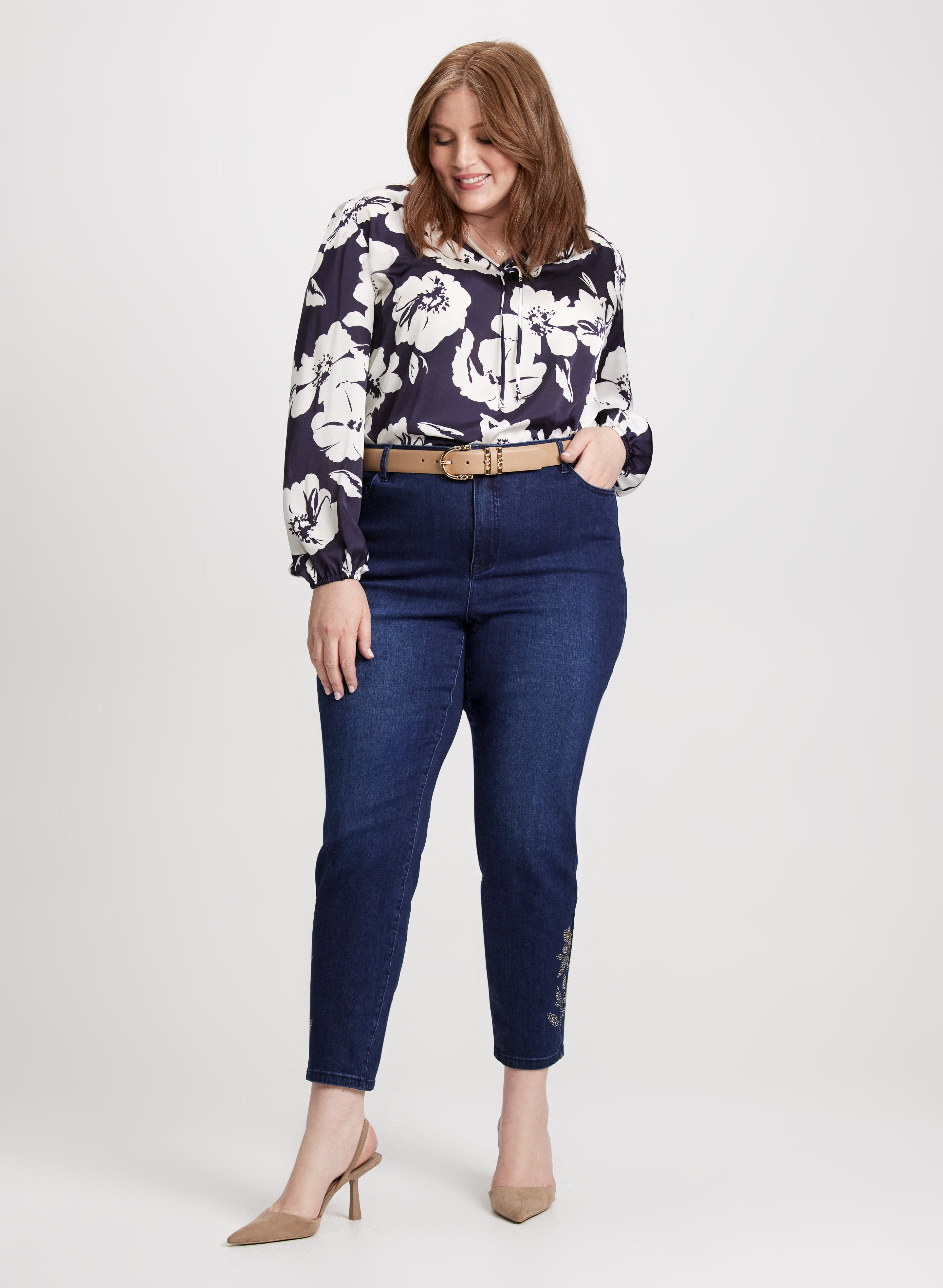 Floral Blouse & Embellished Hem Jeans - Women's Fashion Top and Distressed Denim Pants Set for Casual Outings, Date Nights, and Office Wear