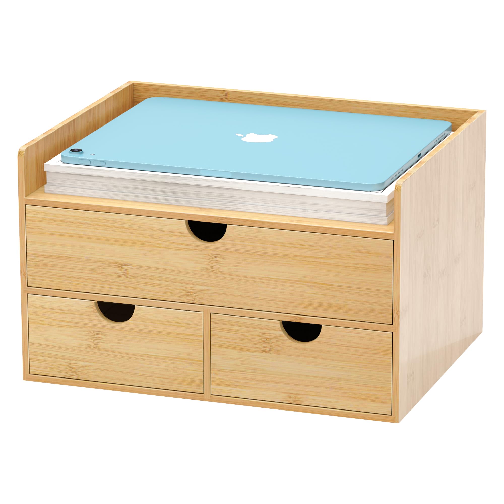 Wisuce Bamboo Desk Drawer Organizer - 3 Drawer with Shelf, Large Tabletop Storage Box for Office & Home Organization | Perfect for Office Supplies, Toiletries, Vanity Accessories & Desk Essentials | No Assembly Required