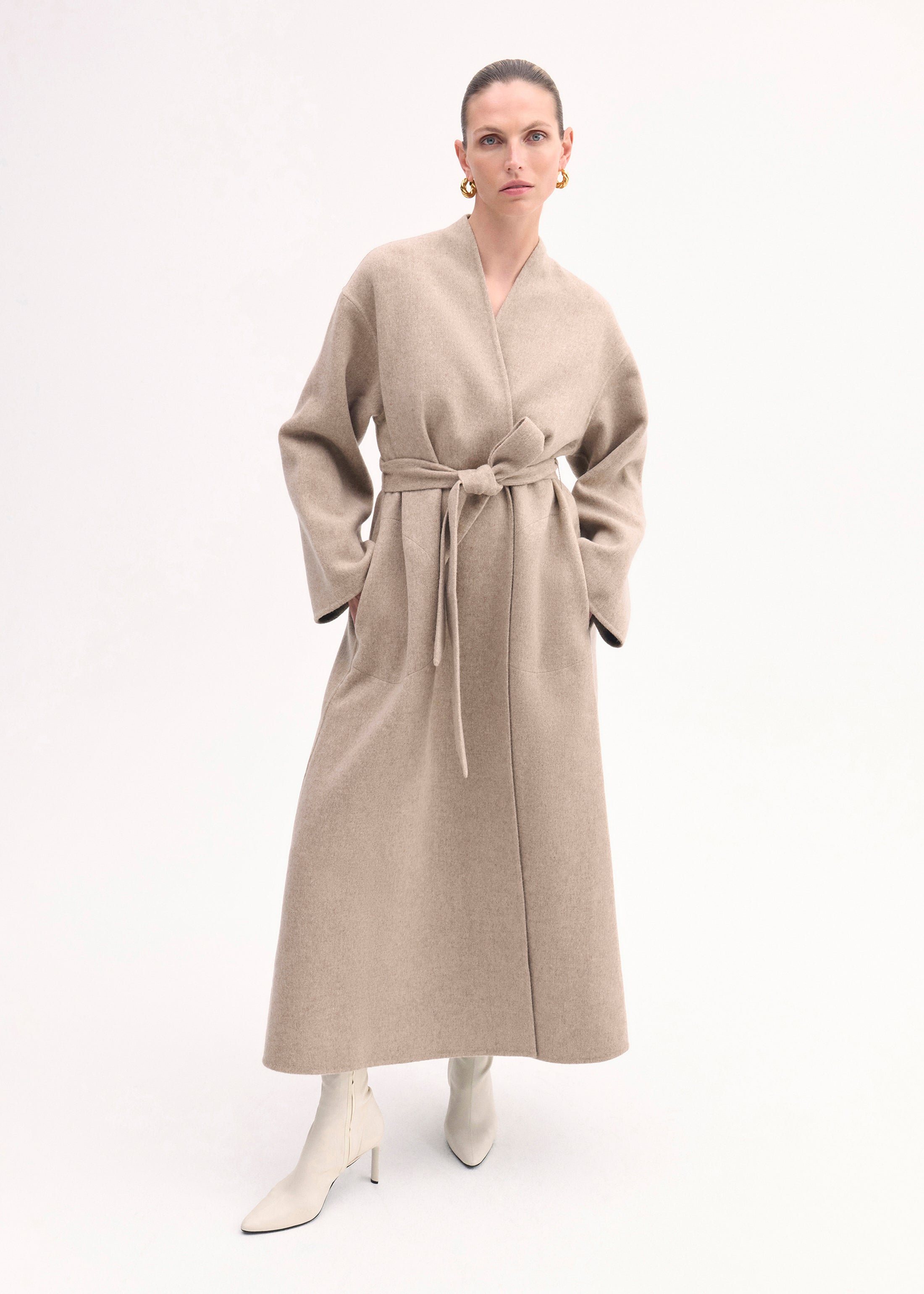 Luxury Double Faced Wool Cashmere Wrap Coat in Taupe - Elegant Winter Outerwear for Women | Perfect for Office, Date Night & Formal Occasions