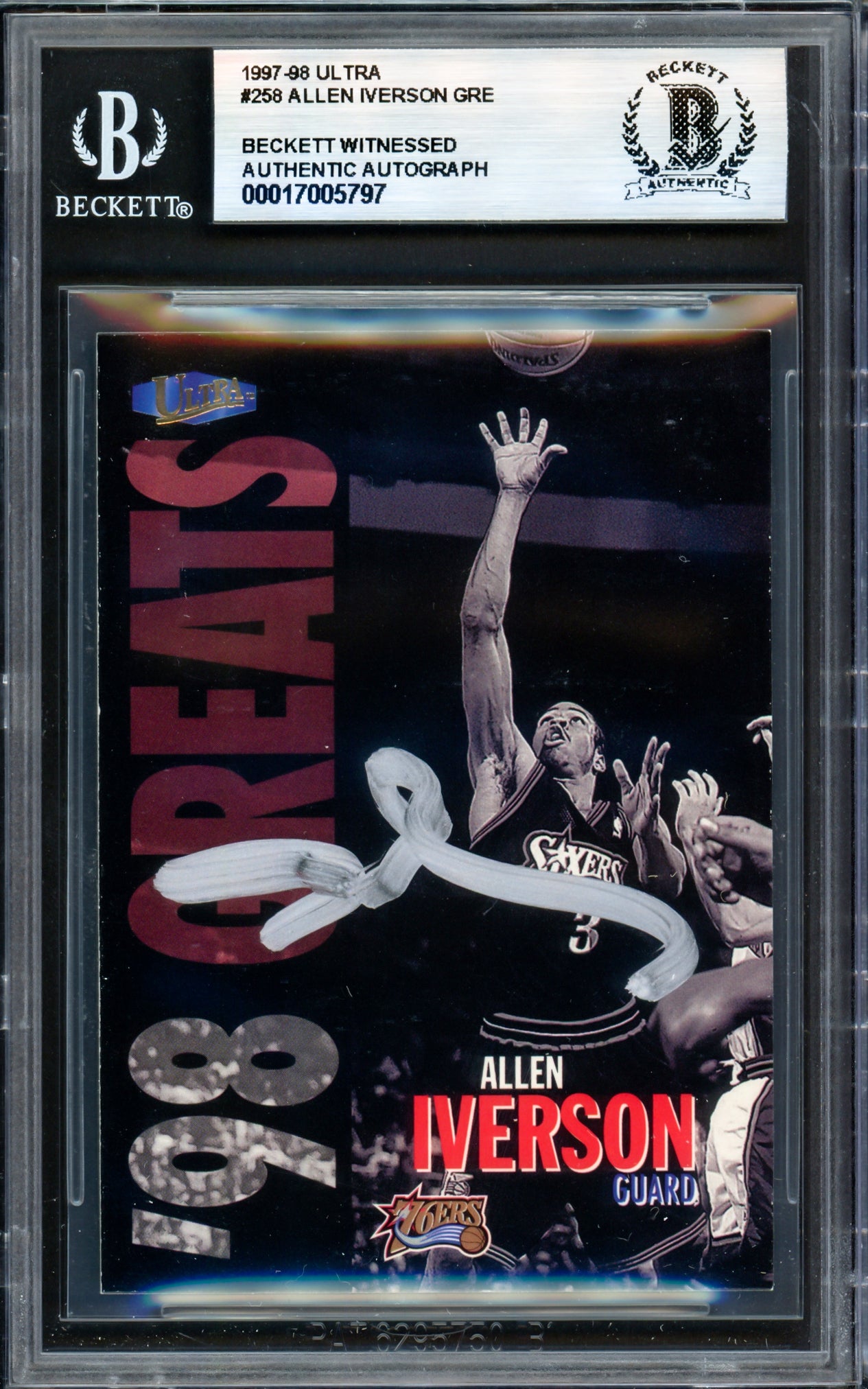 Allen Iverson Autographed 1997-98 Fleer Ultra Basketball Card #258 - Philadelphia 76ers - Beckett BAS Witness Certified #17005797 - Perfect for NBA Memorabilia Collectors & Sports Fans Display