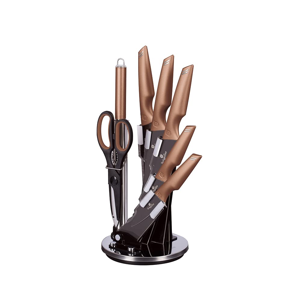 Berlinger Haus 8-Piece Premium Kitchen Knife Set with Block - Stainless Steel Chef Knives, Kitchen Shears & Sharpener - Acrylic Stand (Gold) - Perfect for Home Cooking, Professional Chefs & Gift Giving