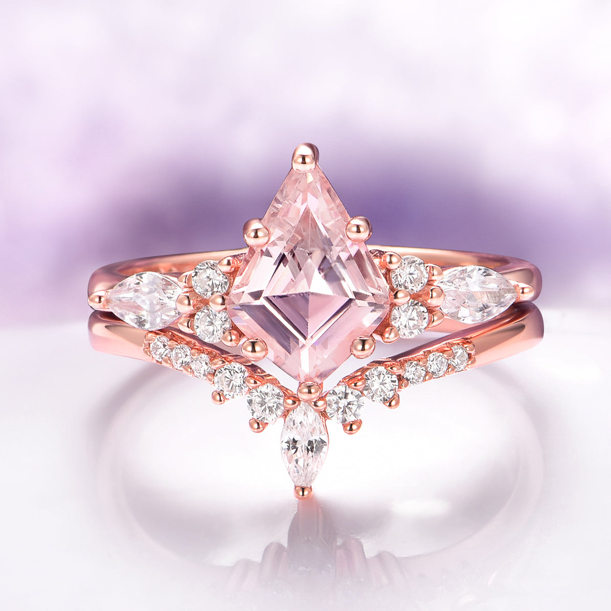 Skye Kite™ Morganite Engagement Ring Set - 14K Solid Rose Gold Wedding Band, Dainty Stackable Rings for Women, Perfect for Proposals, Anniversaries & Bridal Jewelry Gifts