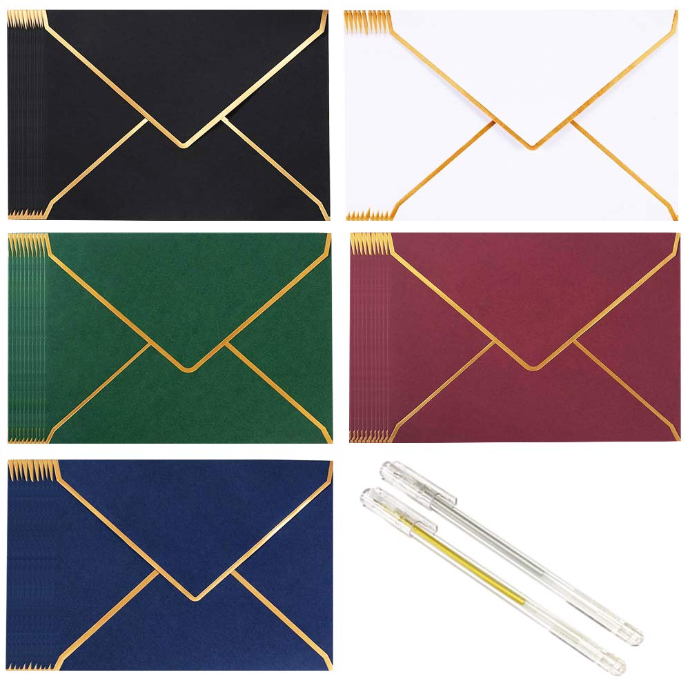 50pcs A7 Luxury V-Flap Envelopes with Gold Foil Border - Self-Adhesive Colorful Invitation Envelopes for Graduation, Wedding, Birthday Parties & Greeting Cards - Elegant Stationery for Special Occasions