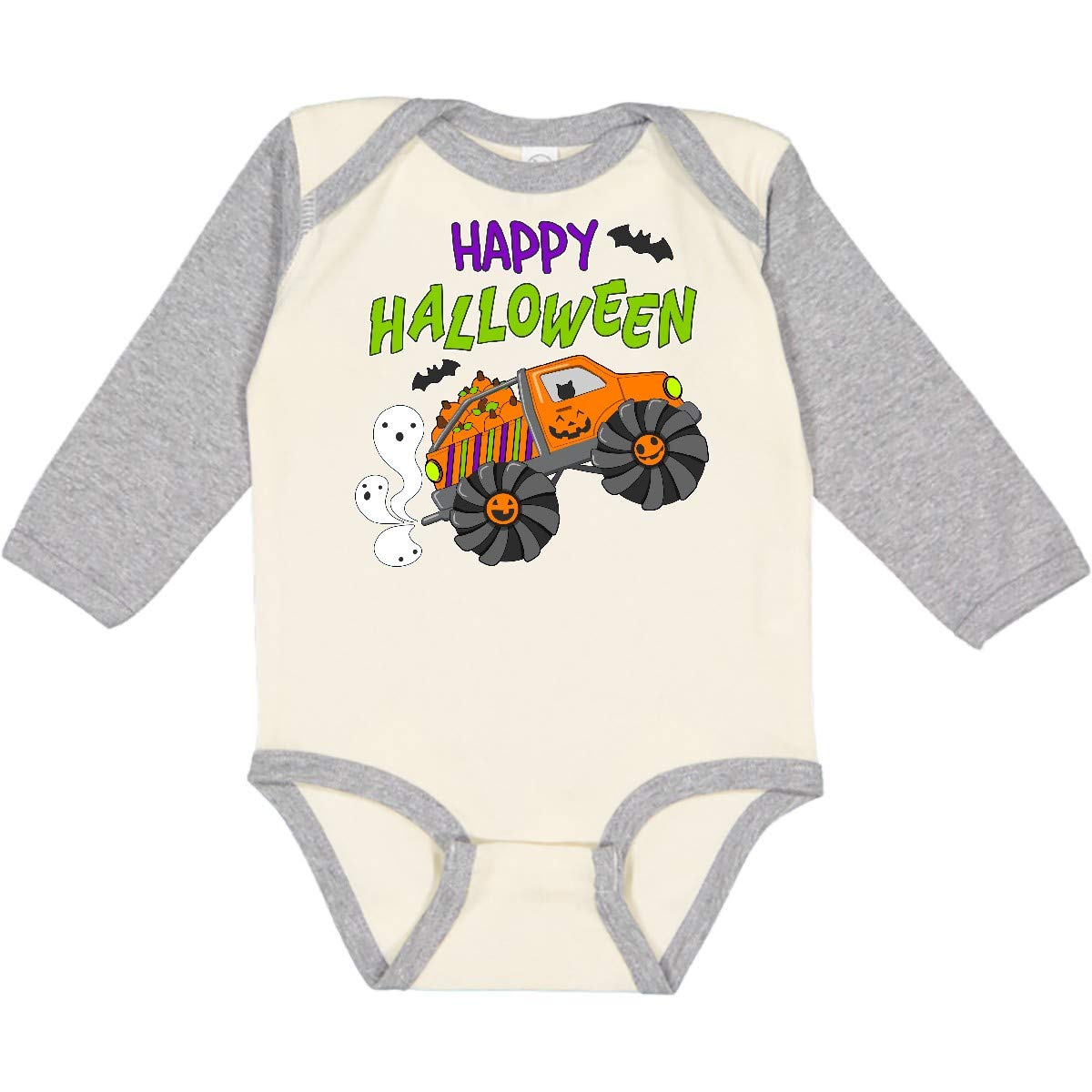 Inktastic Happy Halloween Monster Truck with Pumpkins & Bats Print - Long Sleeve Creeper for Kids | Spooky Costume & Trick or Treat Outfit