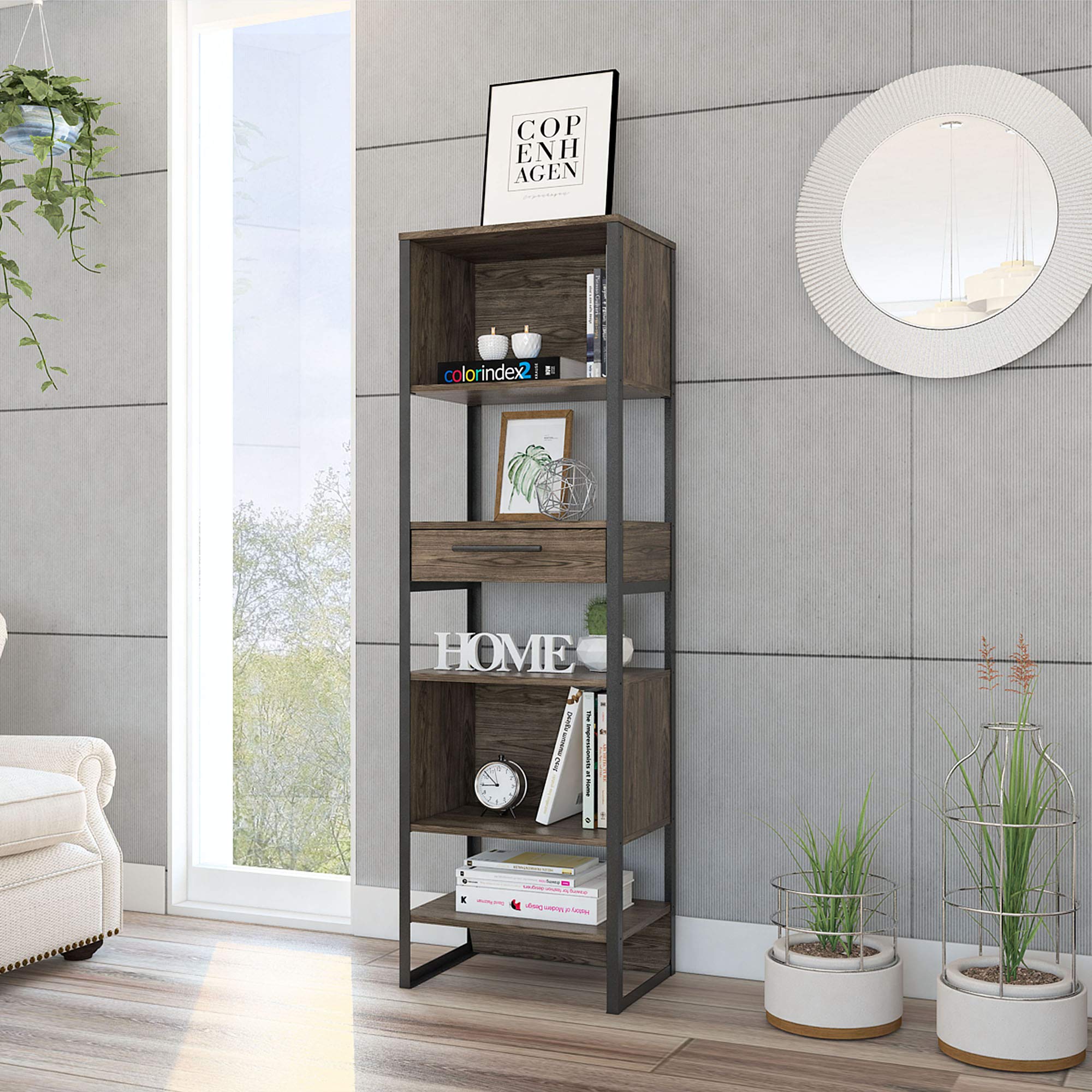 TUHOME Magnum Free Standing Bookcase - 5 Shelf Wooden Book Storage Organizer for Living Room, Office, Bedroom - Modern Bookshelf for Home Decor & Display