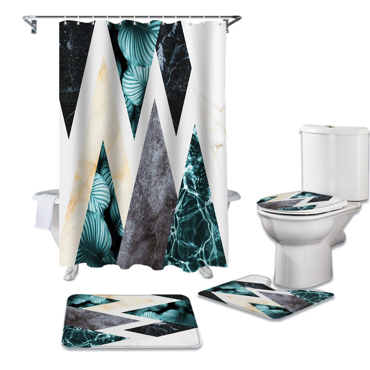 CHARMHOME 4-Piece Shower Curtain Set with Non-Slip Bath Rug, Toilet Lid Cover, Bath Mat & 12 Hooks - Modern Marble Triangle Tropical Plants Abstract Print Waterproof Bathroom Decor for Home & Hotel Use