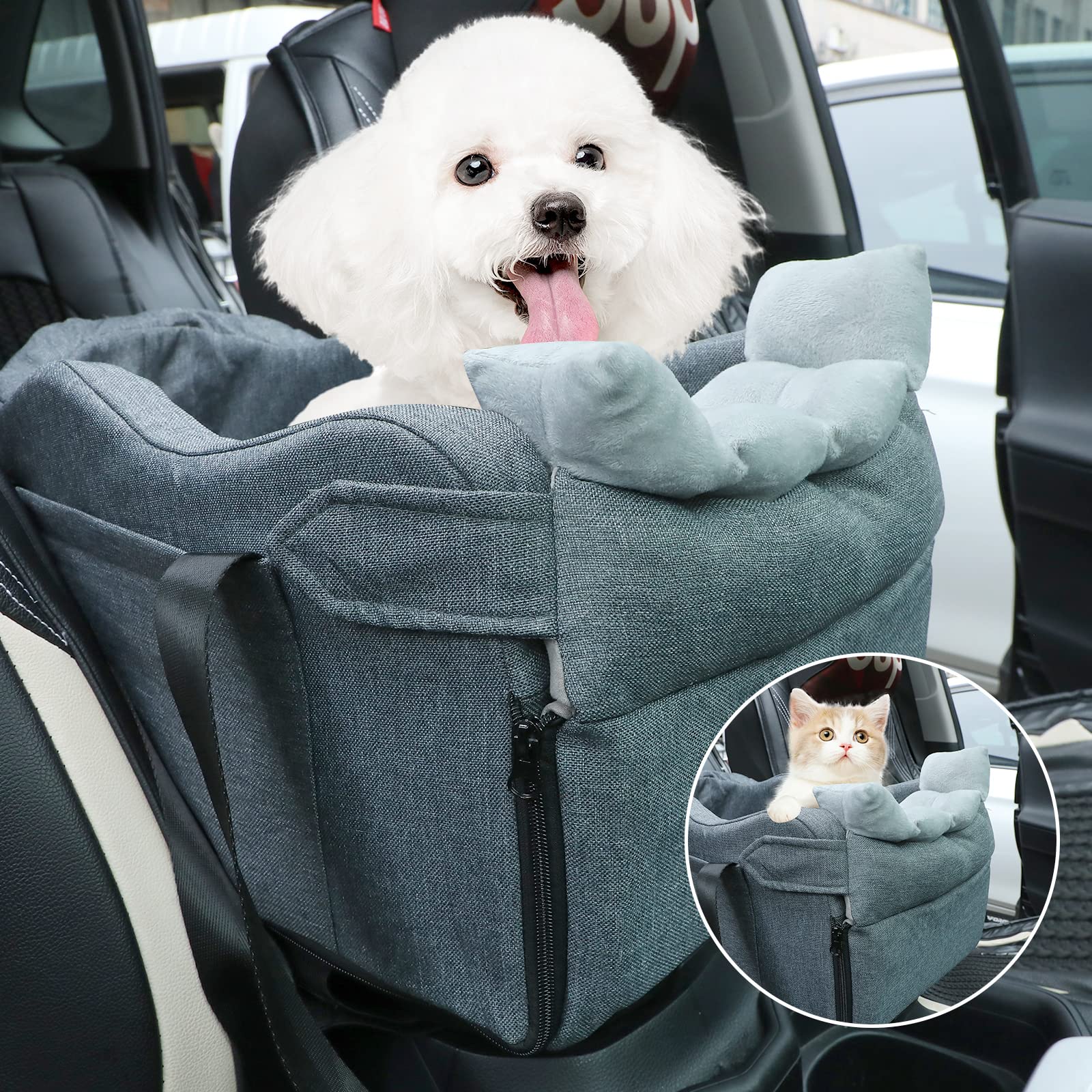 **Premium Dog Car Seat for Small Dogs - Center Console Pet Booster Seat with Armrest Support - Safe & Comfortable Puppy Car Seat (Gray-Waves Edge) - Perfect for Road Trips & Daily Commutes**