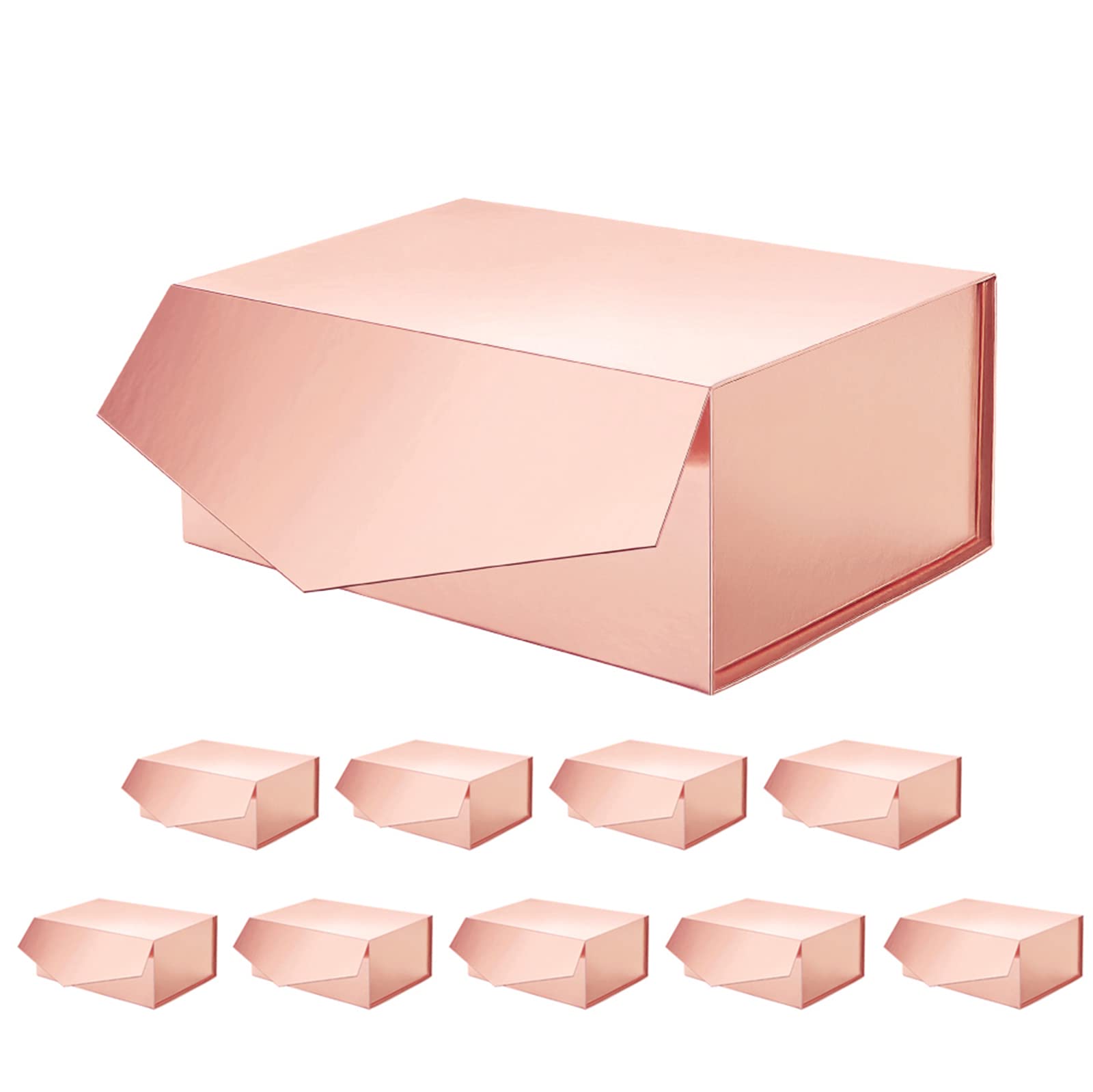 PACKQUEEN 10 Pack 9x6.5x3.8 Inch Rose Gold Gift Boxes with Magnetic Lids - Elegant Bridesmaid, Wedding, Birthday Gift Packaging - Glossy Rectangle Collapsible Boxes for Jewelry, Cosmetics, Candles & Party Favors