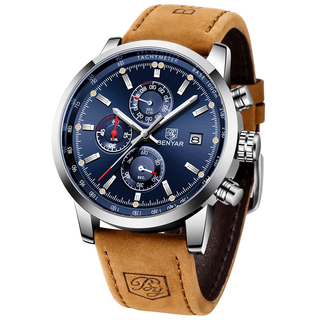 Original Quartz Mens Watch - Unique Sport Chronograph with Luminous Hands, Calendar, Waterproof Leather Strap - Casual Outdoor Wristwatch for Men, Perfect Gift for Dad, Husband, Boyfriend (Blue Silver)