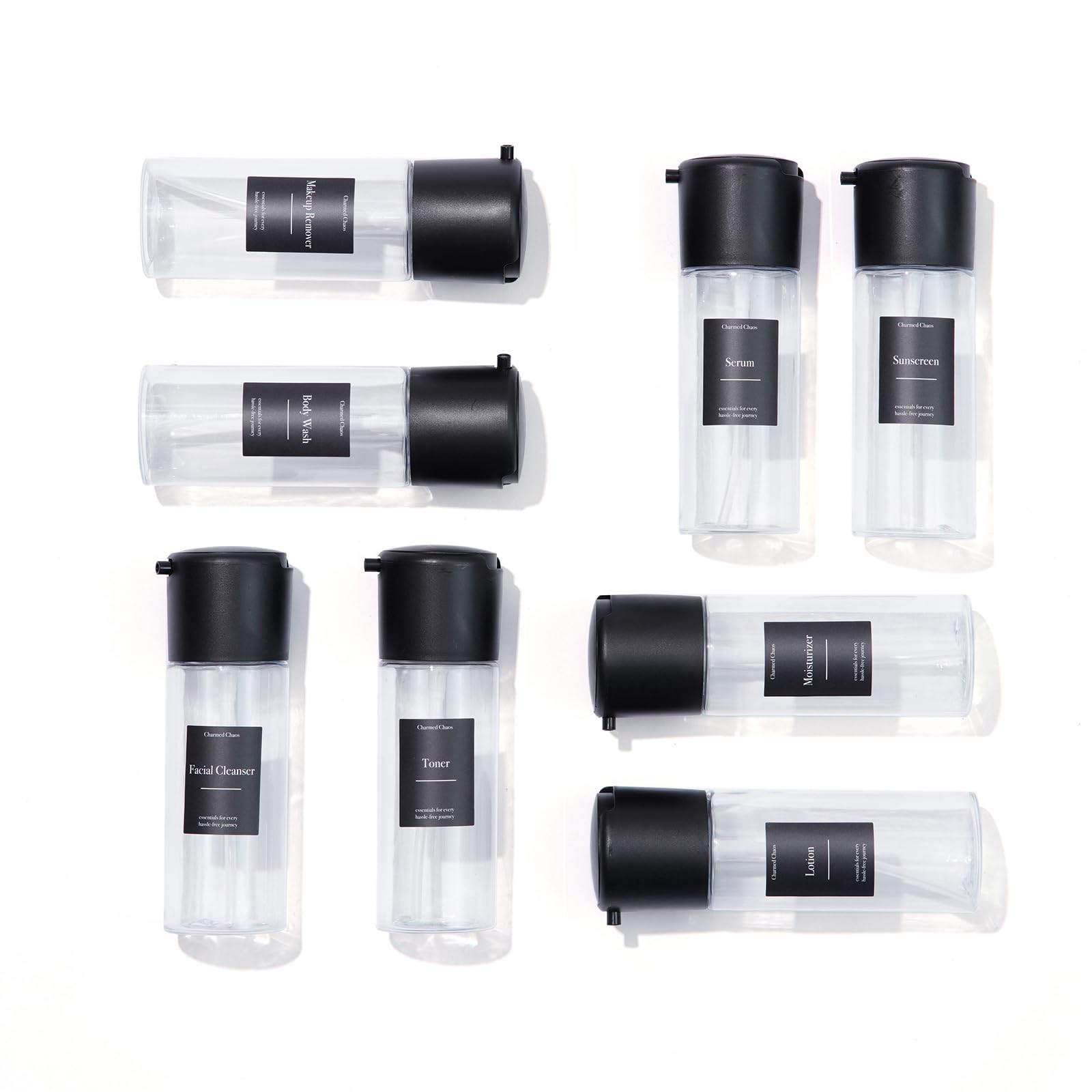 Travel Toiletries Bottles Set - 8 Pack Leak Proof TSA Approved BPA Free Refillable Fine Mist Spray Bottles (3.38 oz, Black) - Perfect for Air Travel, Gym, Camping & Home Organization
