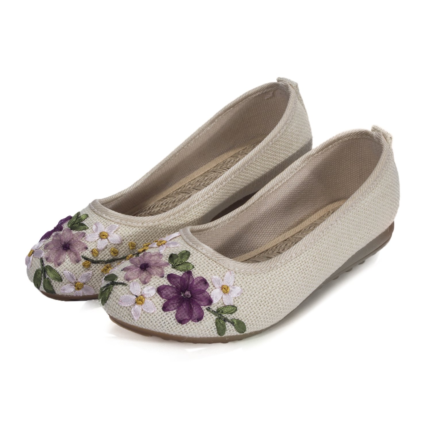 DODOING Embroidered Chinese Style Ballet Flats - Handcrafted Comfortable Slip-On Women's Shoes (Khaki/White/Deep Blue) | Perfect for Casual Wear, Tea Parties & Cultural Events