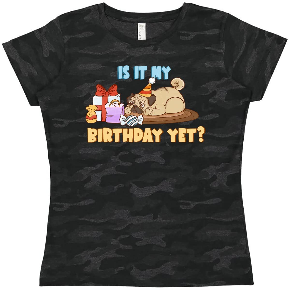 Inktastic 'Is It My Birthday Yet?' Cute Pug with Gifts Women's T-Shirt - Funny Dog Lover Birthday Gift for Women, Casual Wear & Party Outfit