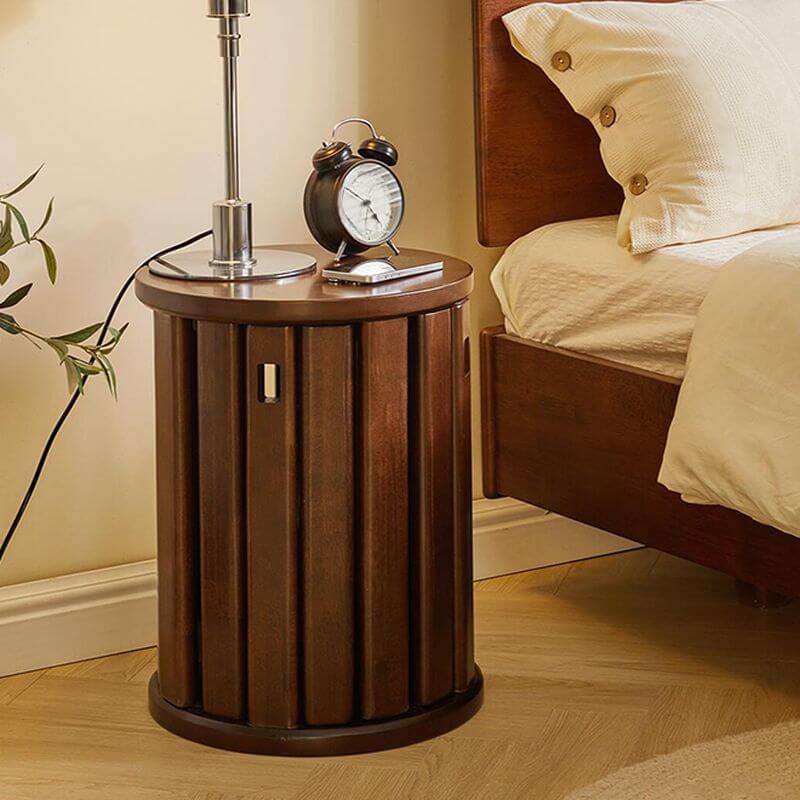 Minimalist Solid Color Utility Stool with Midnight Black/Auburn/Natural Finish - Stackable Drum Base & Natural Wood Seat - Perfect as Side Table, Bedside Stool or Living Room Accent