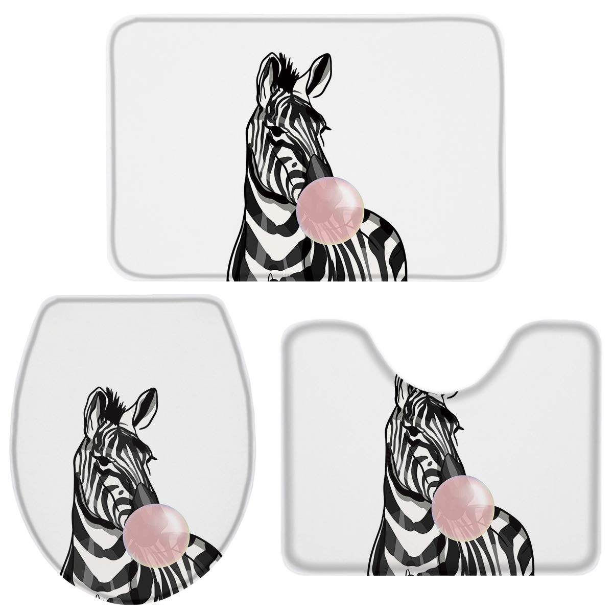 Fancyine 3-Piece Zebra Print Pink Bath Rug Set - Ultra Soft Non-Slip Absorbent Toilet Cover & U-Shaped Mat for Bathroom Decor (White Background) - Perfect for Kids Room, Guest Bathroom & Modern Home Decor