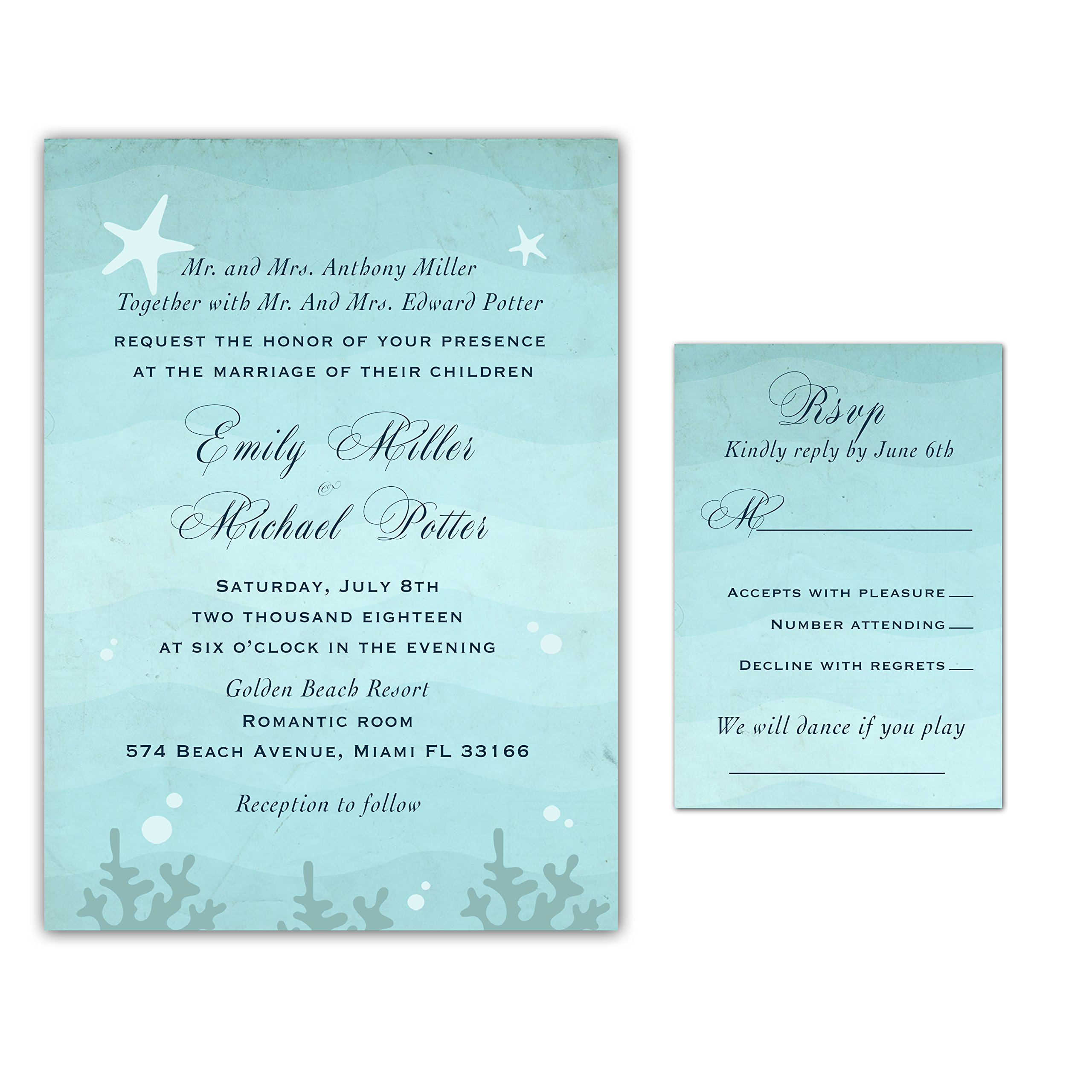 100-Piece Vintage Under The Sea Wedding Invitation Set with Starfish Design - Includes Envelopes & RSVP Cards - Perfect for Beach, Nautical & Ocean-Themed Weddings
