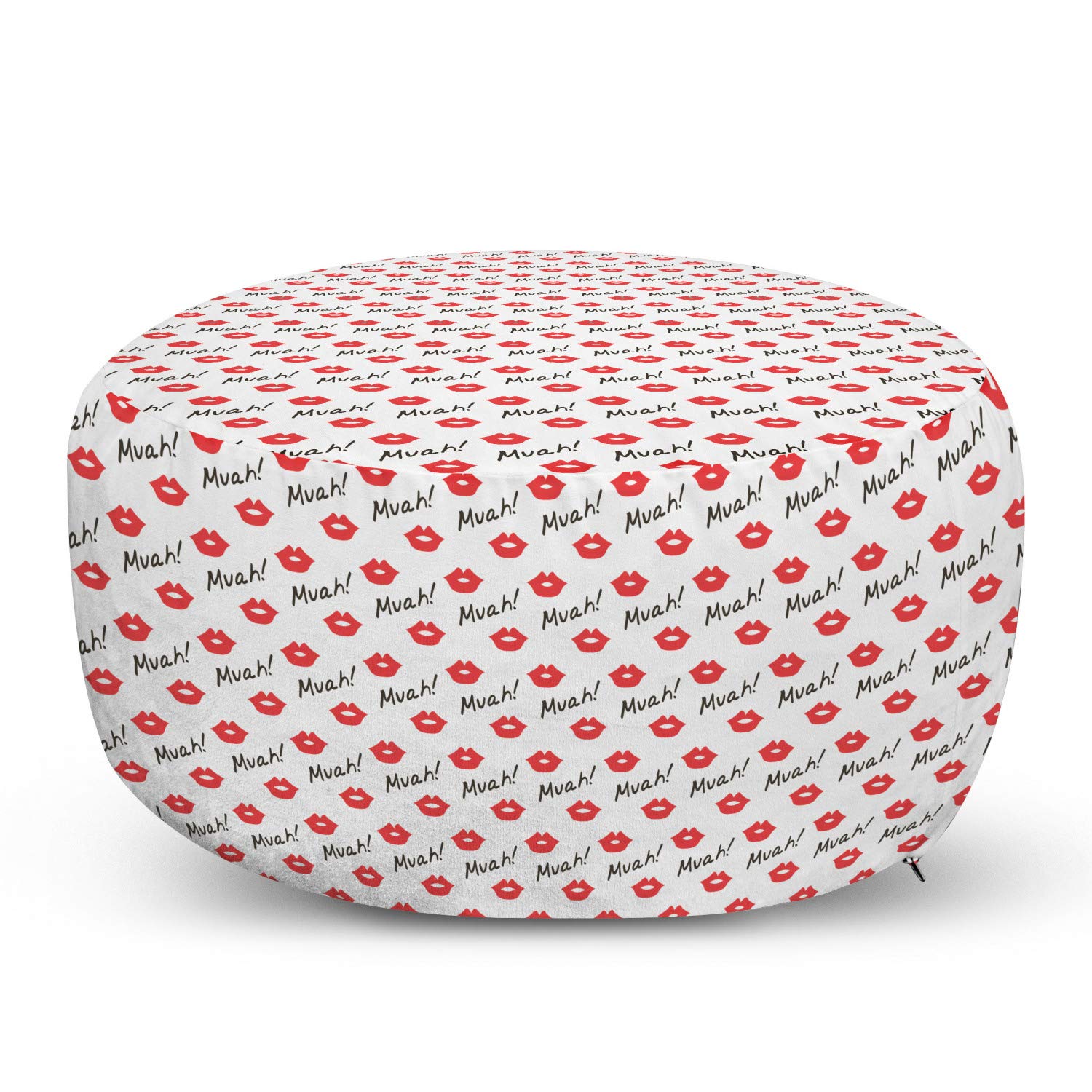 Ambesonne Kiss Ottoman Pouf - Red Lips Pattern Foot Rest with Removable Cover for Living Room & Bedroom - Romantic Feminine Decor for Valentine's Day - Soft Decorative Pouf in Vermilion & White - Perfect for Relaxing, Reading, or Adding Stylish Seating