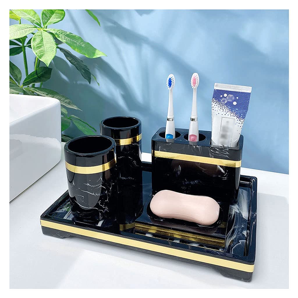 TOMYEUS 5-Piece Bathroom Accessories Set - Marble Resin Soap Dispenser, Toothbrush Holder, Tumbler, Soap Dish & Tray for Countertop - Black - Perfect for Modern Bathrooms, Guest Rooms & Spa Decor