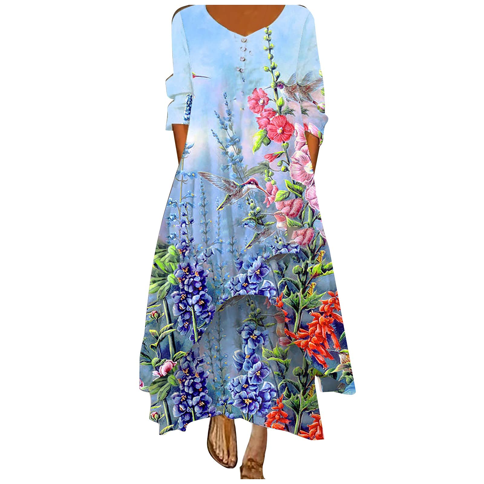 SERYU Women's Long Sleeve Floral Print Maxi Dress - Elegant O-Neck Loose Fit Irregular Hem Summer Beach Dress for Casual Wear, Vacation & Date Nights