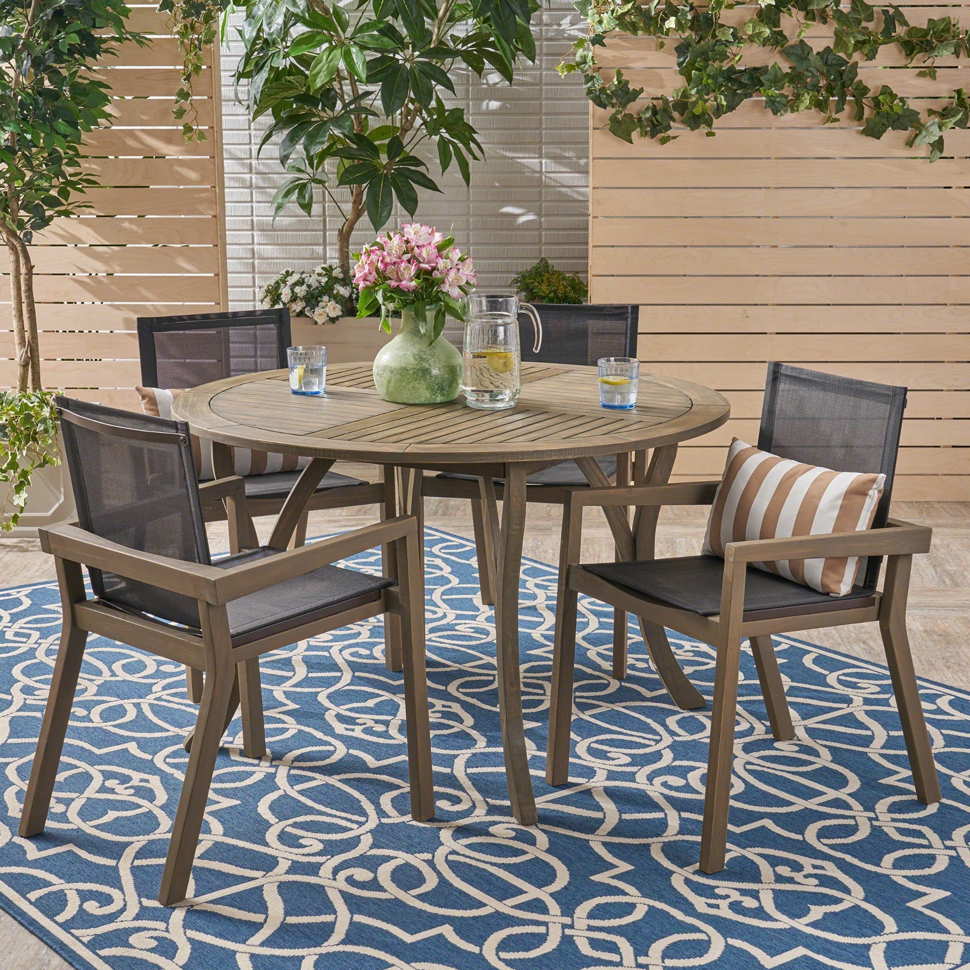 5-Piece Round Outdoor Patio Dining Set - Gray & Black Wooden Furniture for Contemporary Home Living | Perfect for Backyard, Garden, and Poolside Gatherings