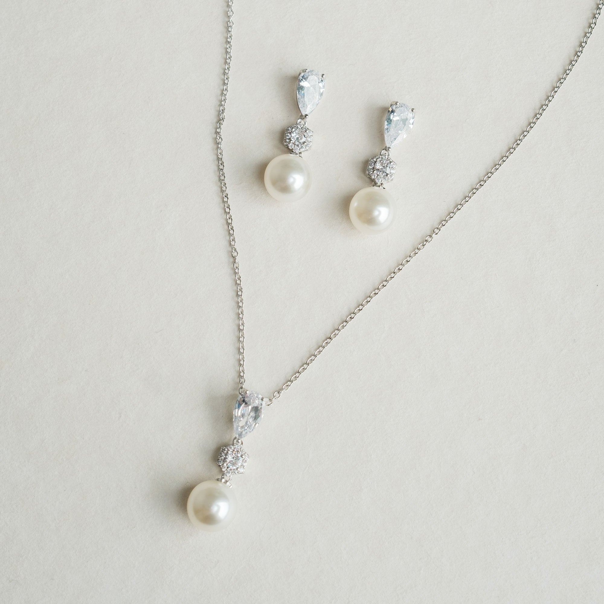 Avery III Pear Crystal Pearl Bridal Jewelry Set in Silver - Elegant Wedding Accessories for Brides, Bridesmaids & Formal Occasions