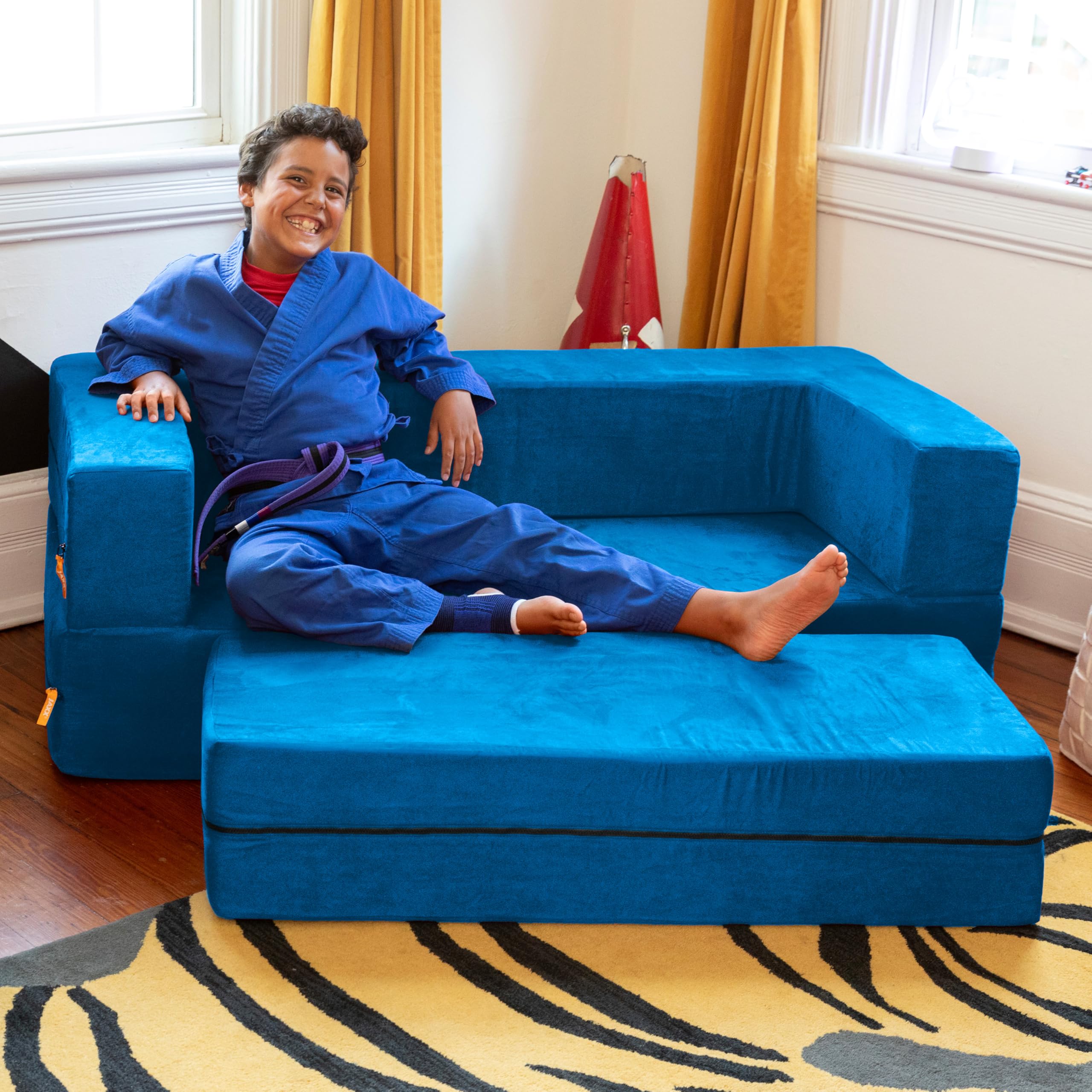 Jaxx Zipline Kids Sofa & Large Ottoman 3-in-1 Fold Out Sofa Bed - Big Kids Edition, Blueberry - Perfect for Playroom, Bedroom or Dorm Room