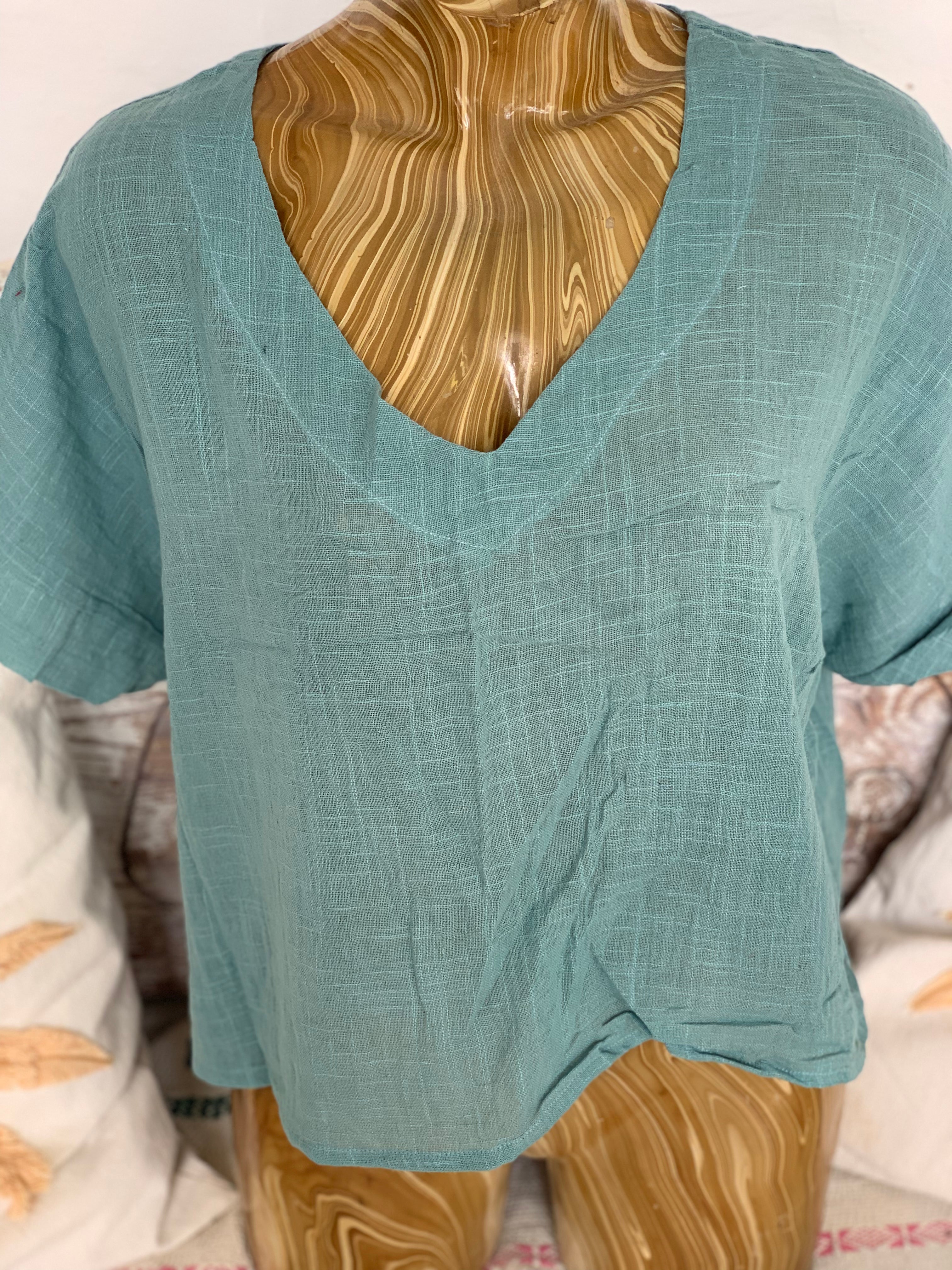 Emerald Green Linen V-Neck Blouse for Women - Breathable & Stylish Summer Top for Casual Outings & Office Wear