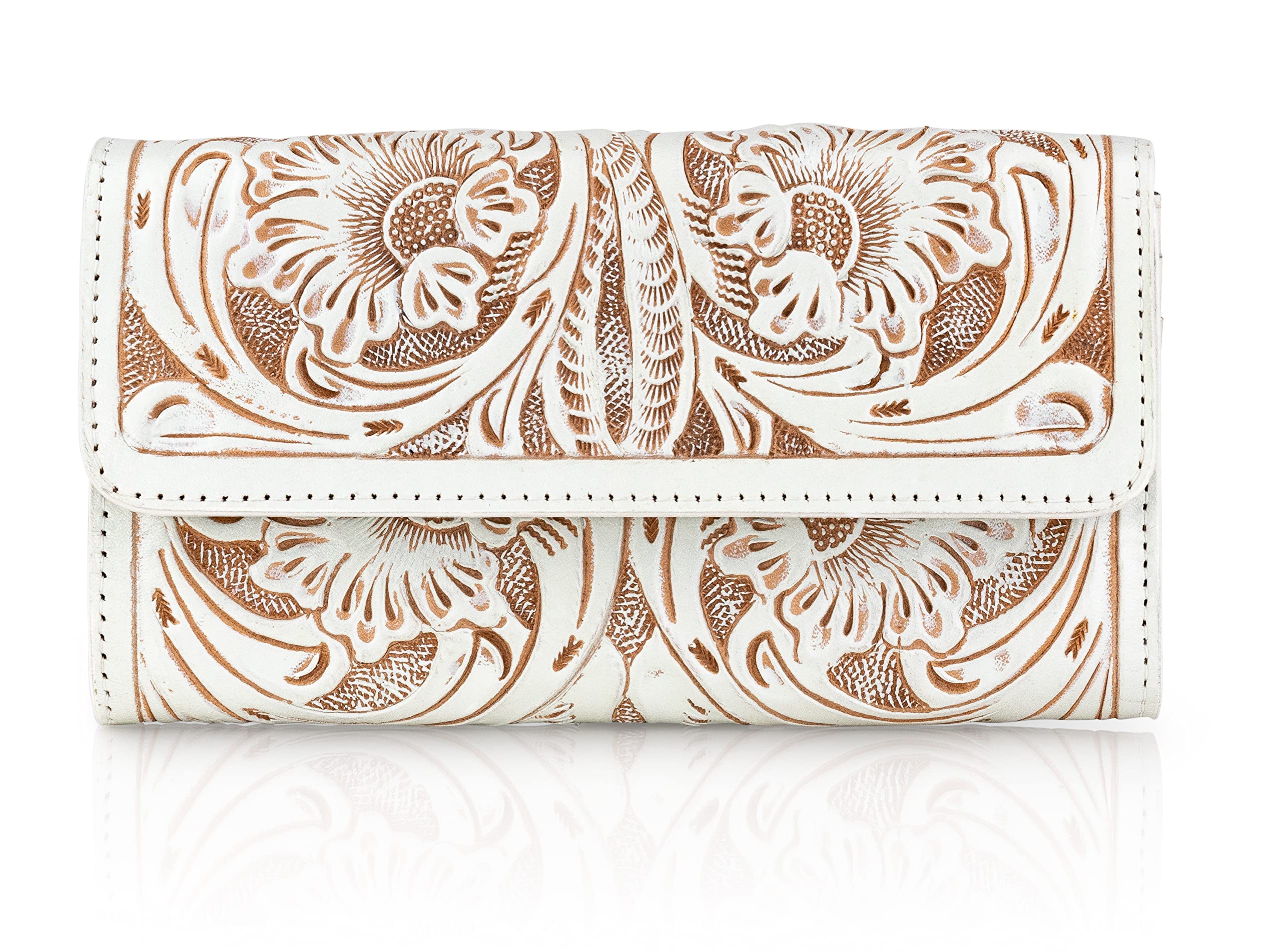 Mauzari Geneva Women's Tooled Leather Wallet - Genuine Leather Slim Bifold Wallet with RFID Protection for Credit Cards & Cash (Ivory) - Perfect Gift for Her, Everyday Use & Travel Essentials