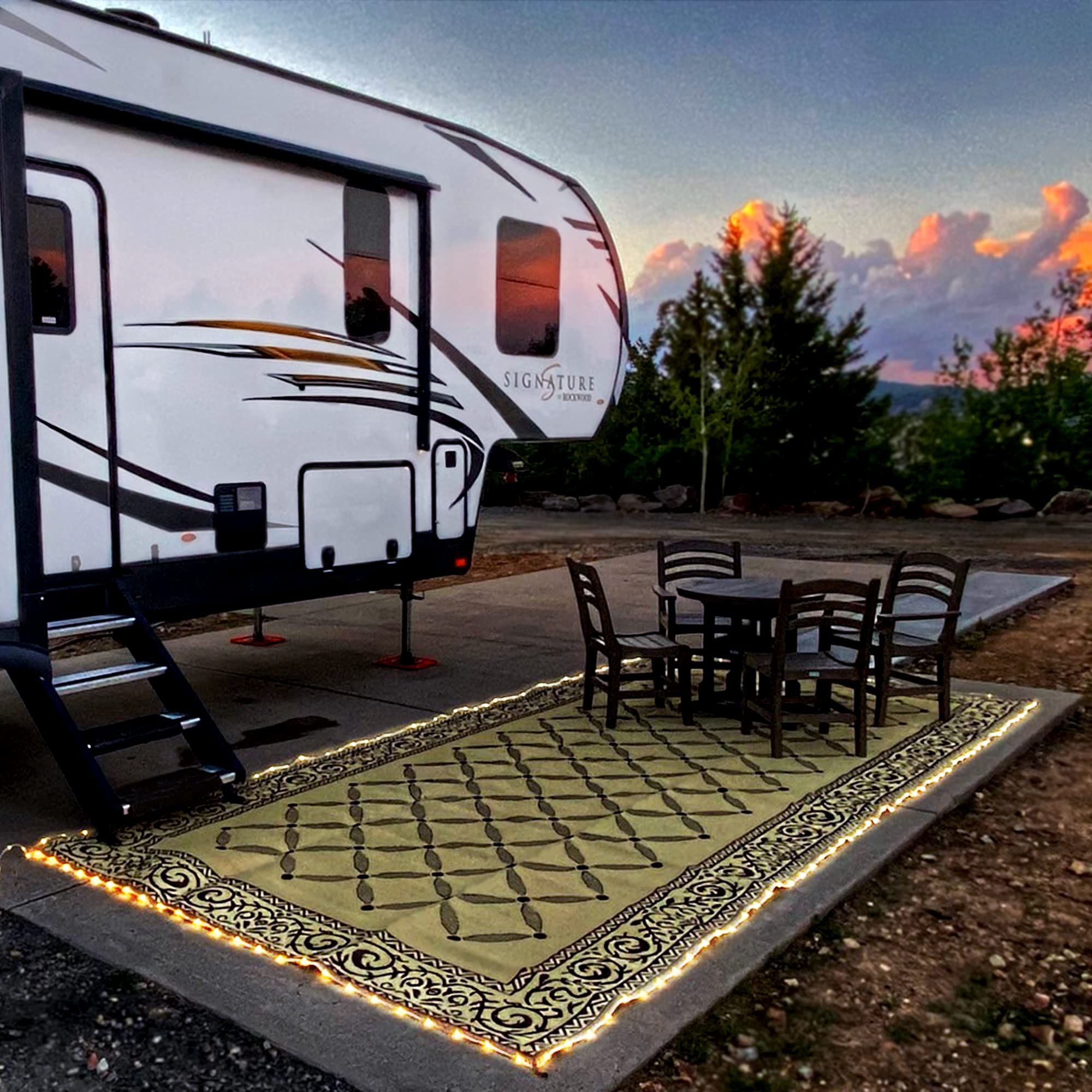 Premium 8x18ft LED Illuminated Outdoor Patio Mat - Waterproof Camping Rug for RV, Deck, Poolside & Backyard - Durable Brown/Beige Design - Perfect for Picnics, Beach Trips & Outdoor Gatherings