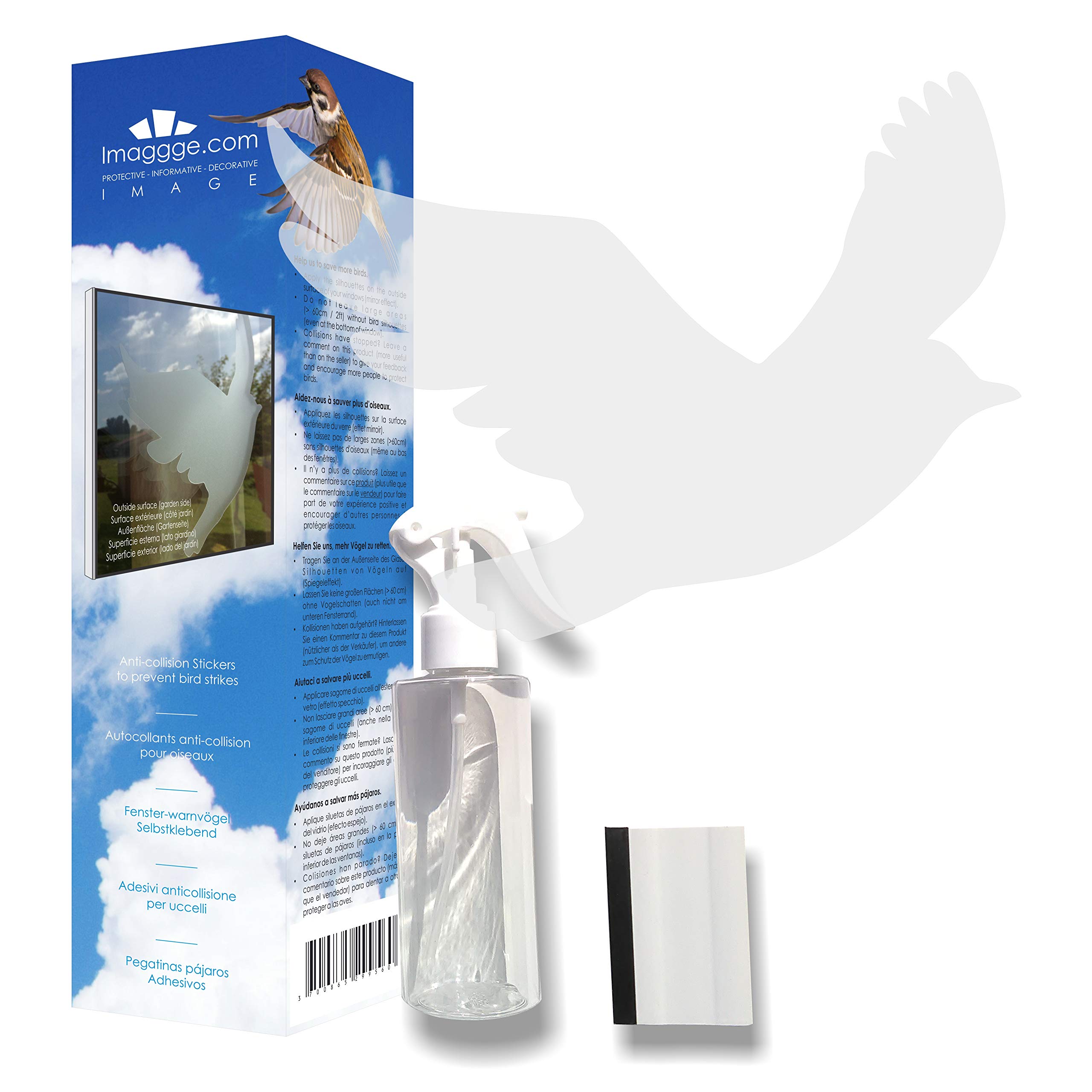 Anti-Collision Window Stickers for Birds - 22pc Bird Silhouette Decals with Spray & Squeegee Kit - Frosted Translucent Design to Prevent Bird Strikes - Perfect for Home Windows, Office Buildings & Glass Balconies