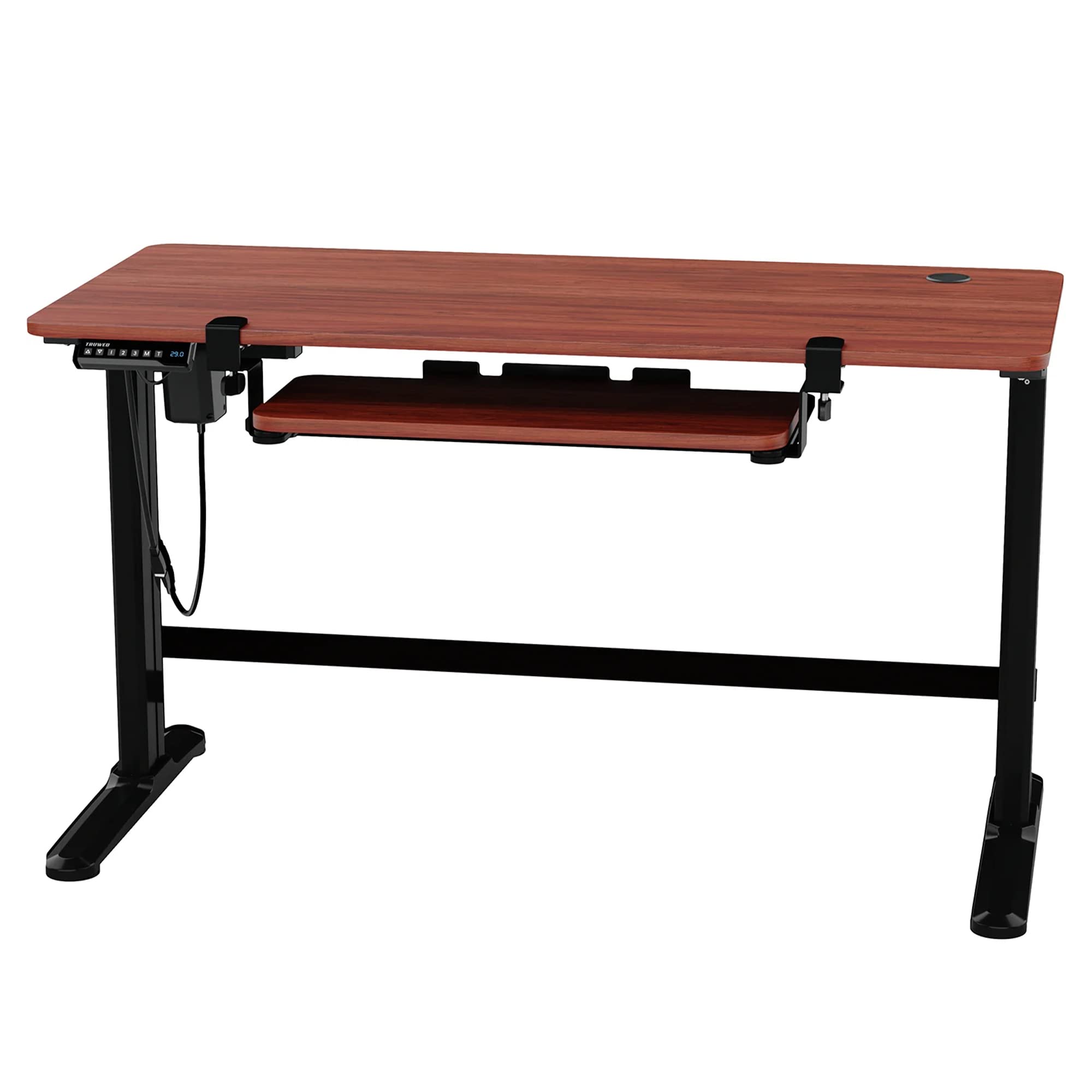 Truweo Adjustable Electric Standing Desk 50 x 23.6 Inches - Sit Stand Office Desk with Cable Management & Sliding Keyboard Tray - 3 Memory Height Settings - Anti-Scratch Brown Surface - Perfect for Home Office, Gaming & Workspace Ergonomics