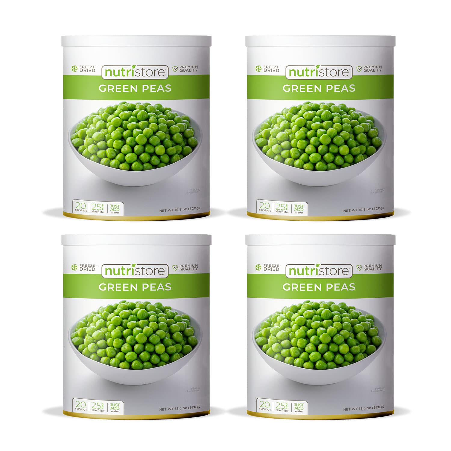 Nutristore Freeze Dried Green Peas - 4 Pack (160 Servings, 72 oz) | 25 Year Shelf Life | Healthy & Tasty Snack | Perfect for Camping, Hiking & Emergency Food Storage