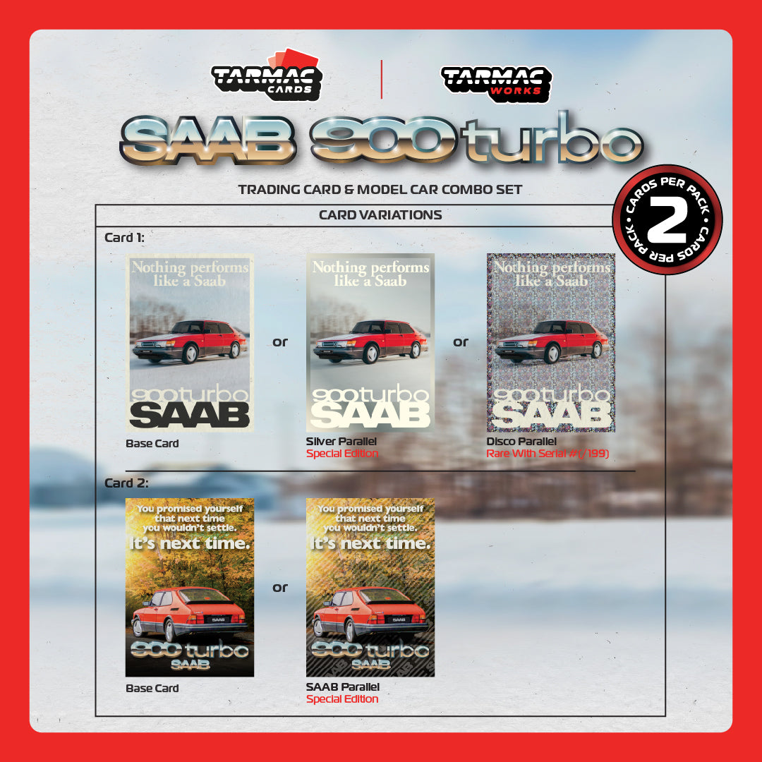 Tarmac Works 1/64 Scale Saab 900 Turbo Red Diecast Model Car with Collectible Tarmac Cards - Perfect for Diecast Collectors, Display, and Gifts