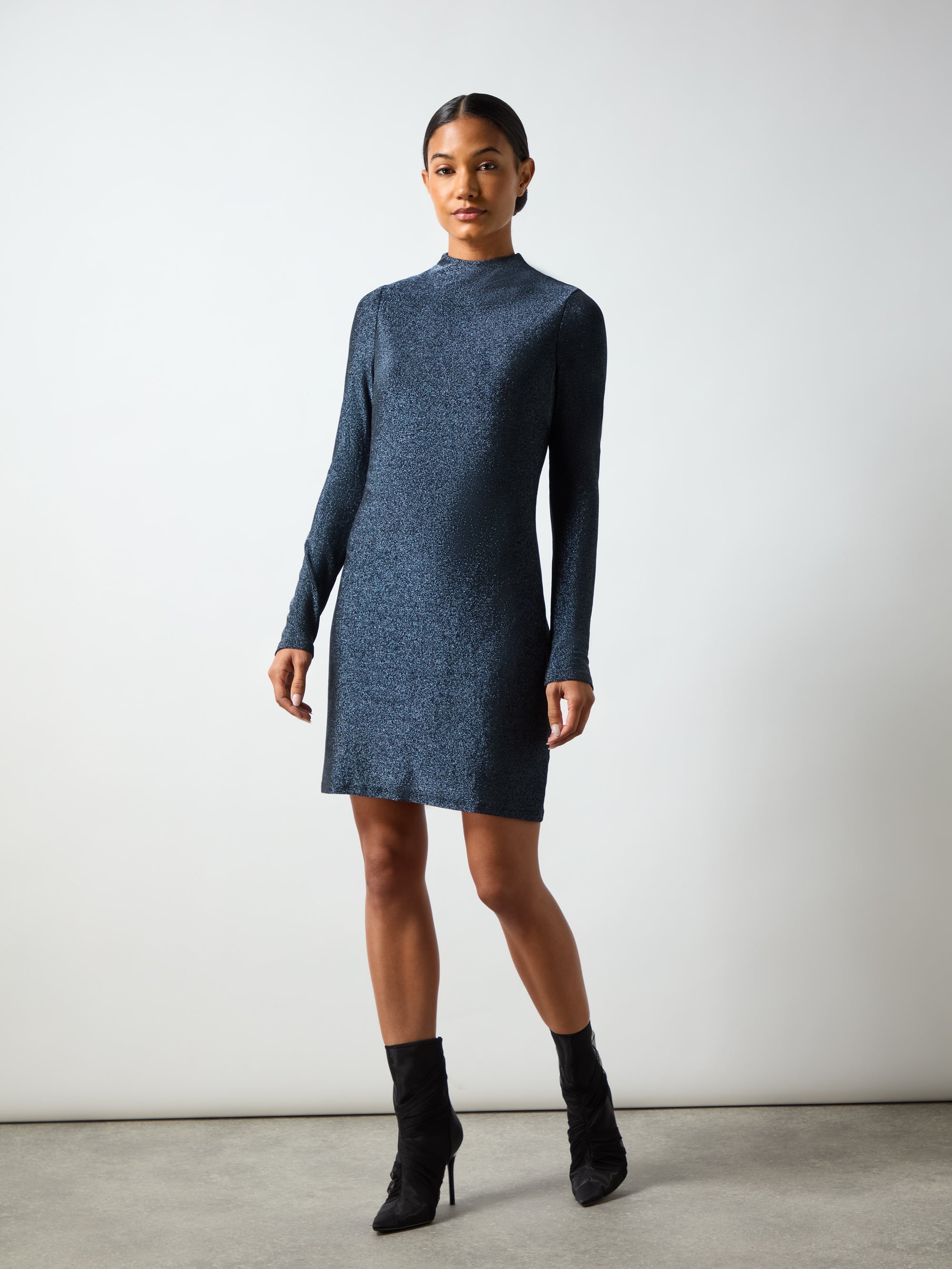 Petite Navy Sparkle Jersey High Neck Mini Dress for Women - Elegant Party & Evening Wear for Special Occasions
