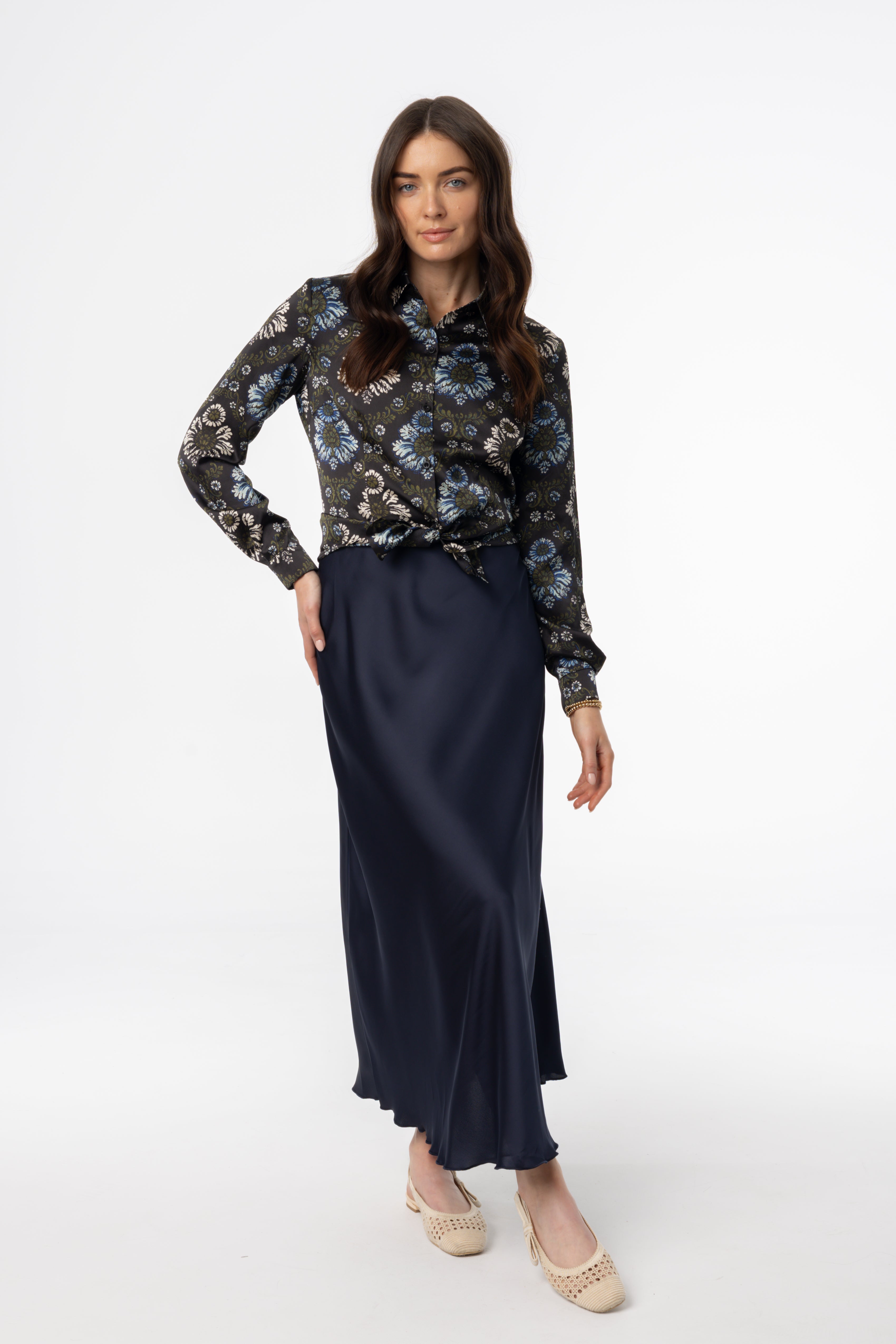 Elegant Navy Blue A-Line Satin Maxi Skirt for Women - Perfect for Weddings, Parties & Formal Occasions