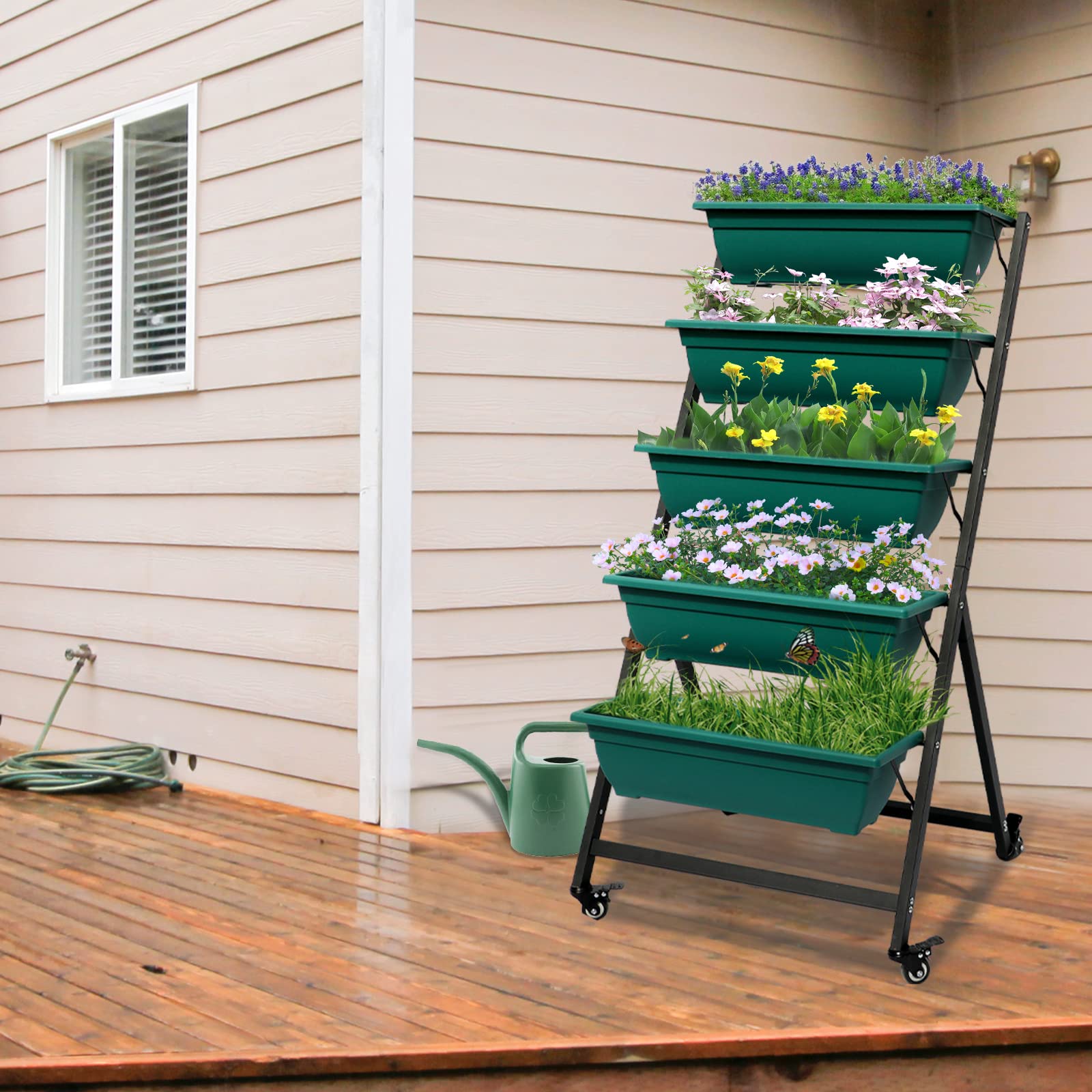 4.5Ft Vertical Garden Planter - 5-Tier Raised Garden Bed with Wheels & Drainage | Freestanding Outdoor Vegetable & Flower Planter for Patio, Balcony, Deck | Indoor/Outdoor Gardening Solution (Green)